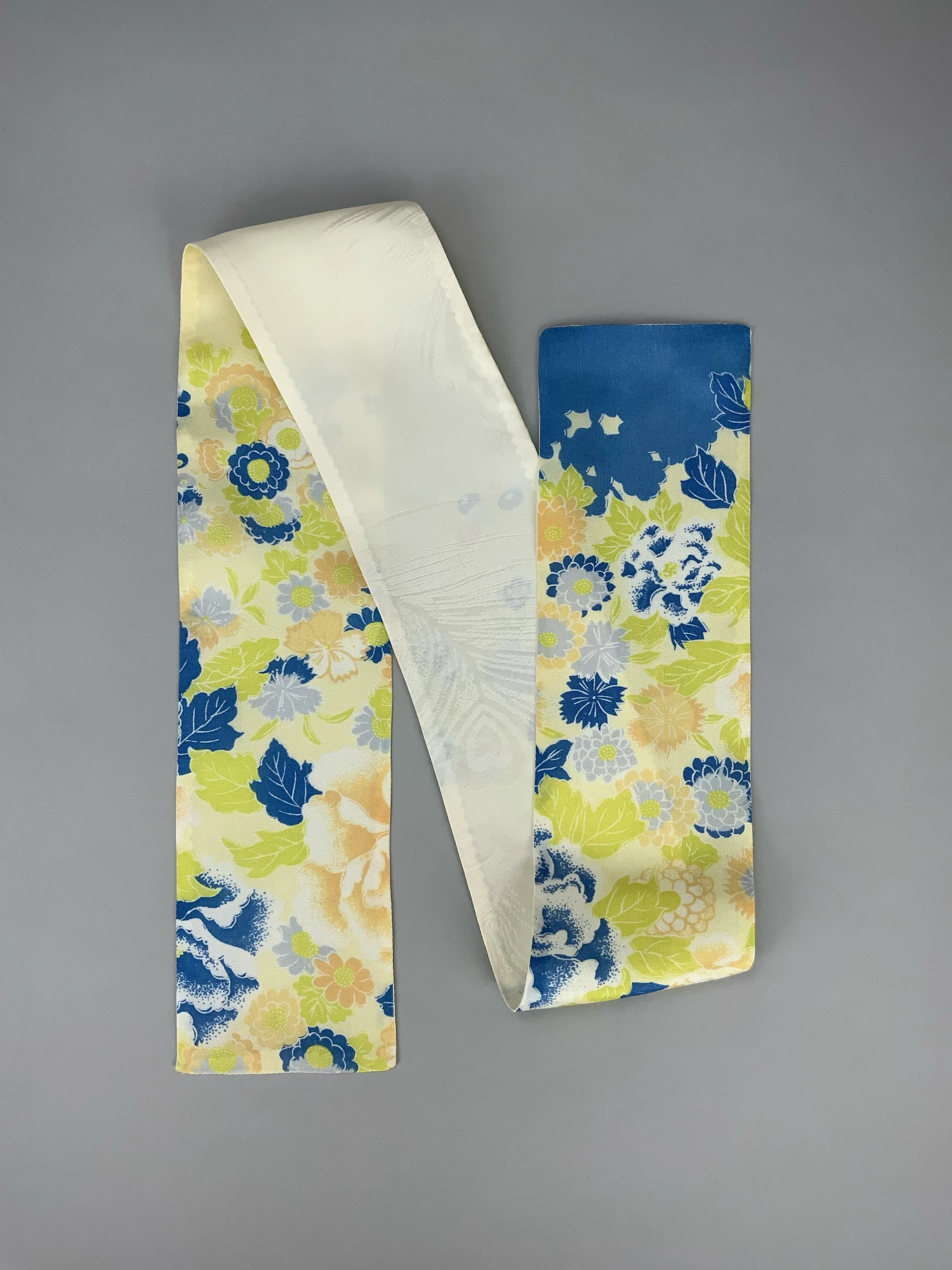Pale yellow skinny scarf with blossom print handmade from vintage kimono fabric by Kirsty Chivers