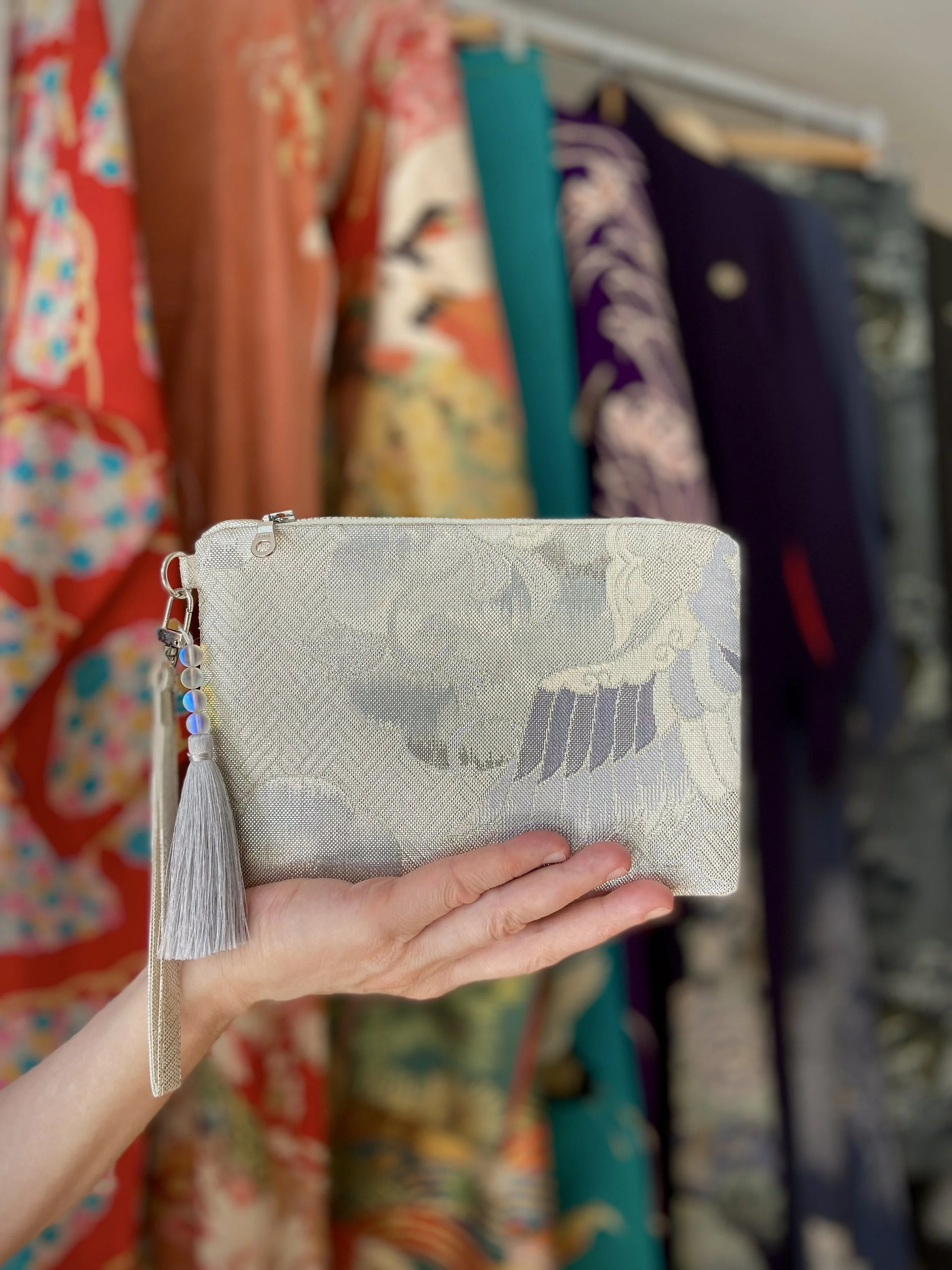 silver clutch purse with tassel and moonstone beads, made from vintage Japanese obi silk