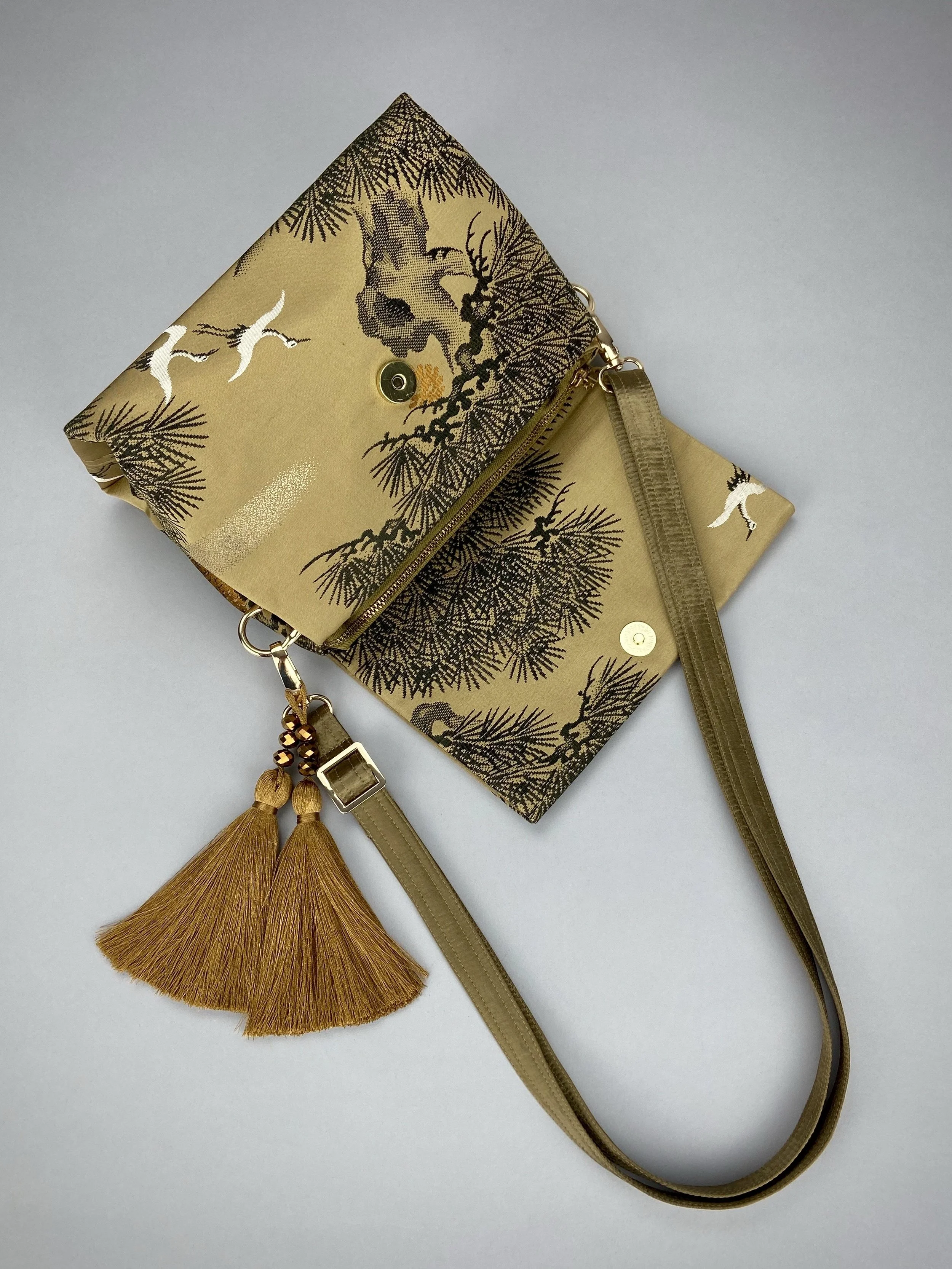 Green Matsu pine evening bag made from vintage Japanese obi silk by Kirsty Chivers