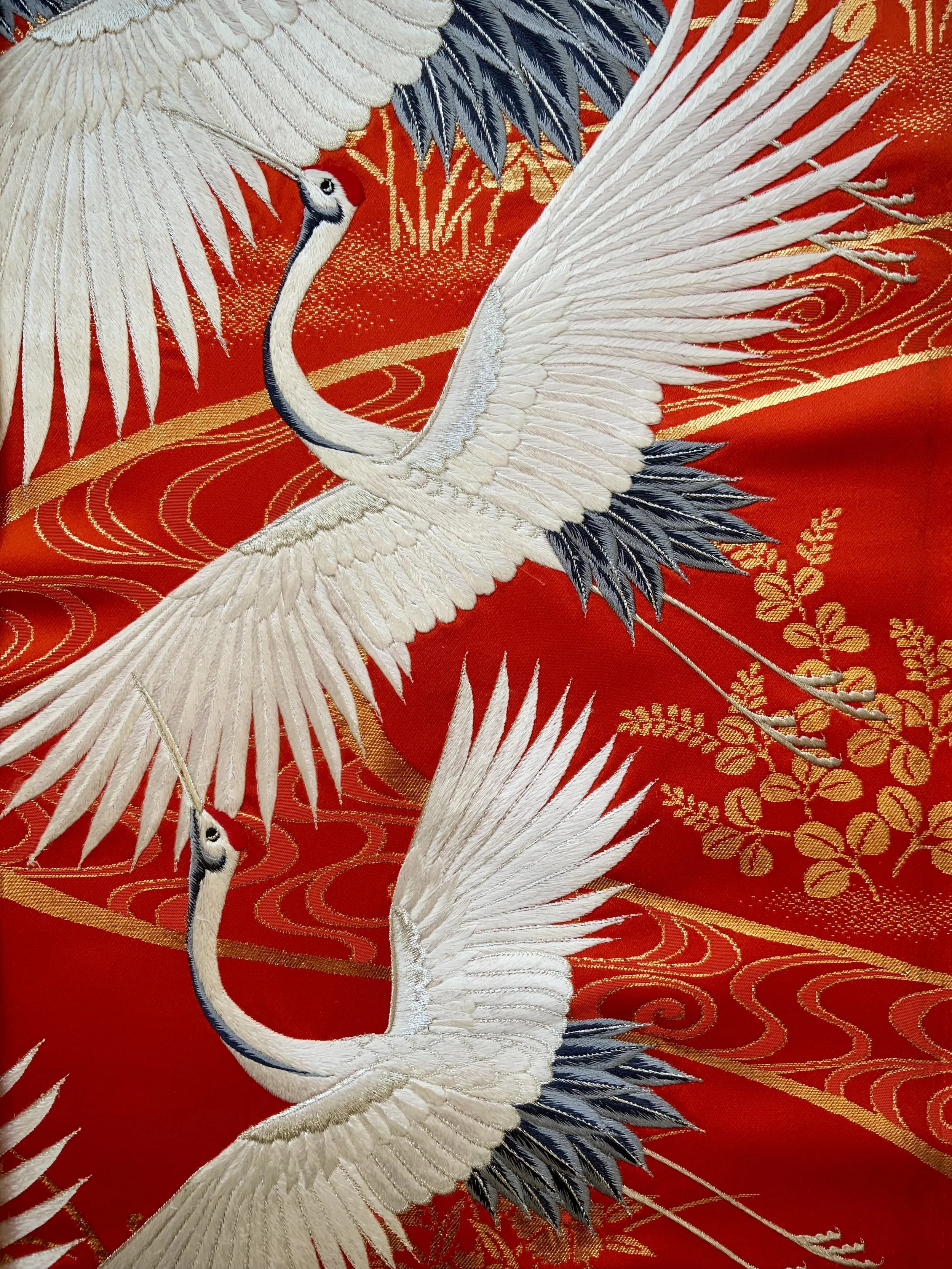 Vermillion red vintage kimono silk embroidered with flying cranes
