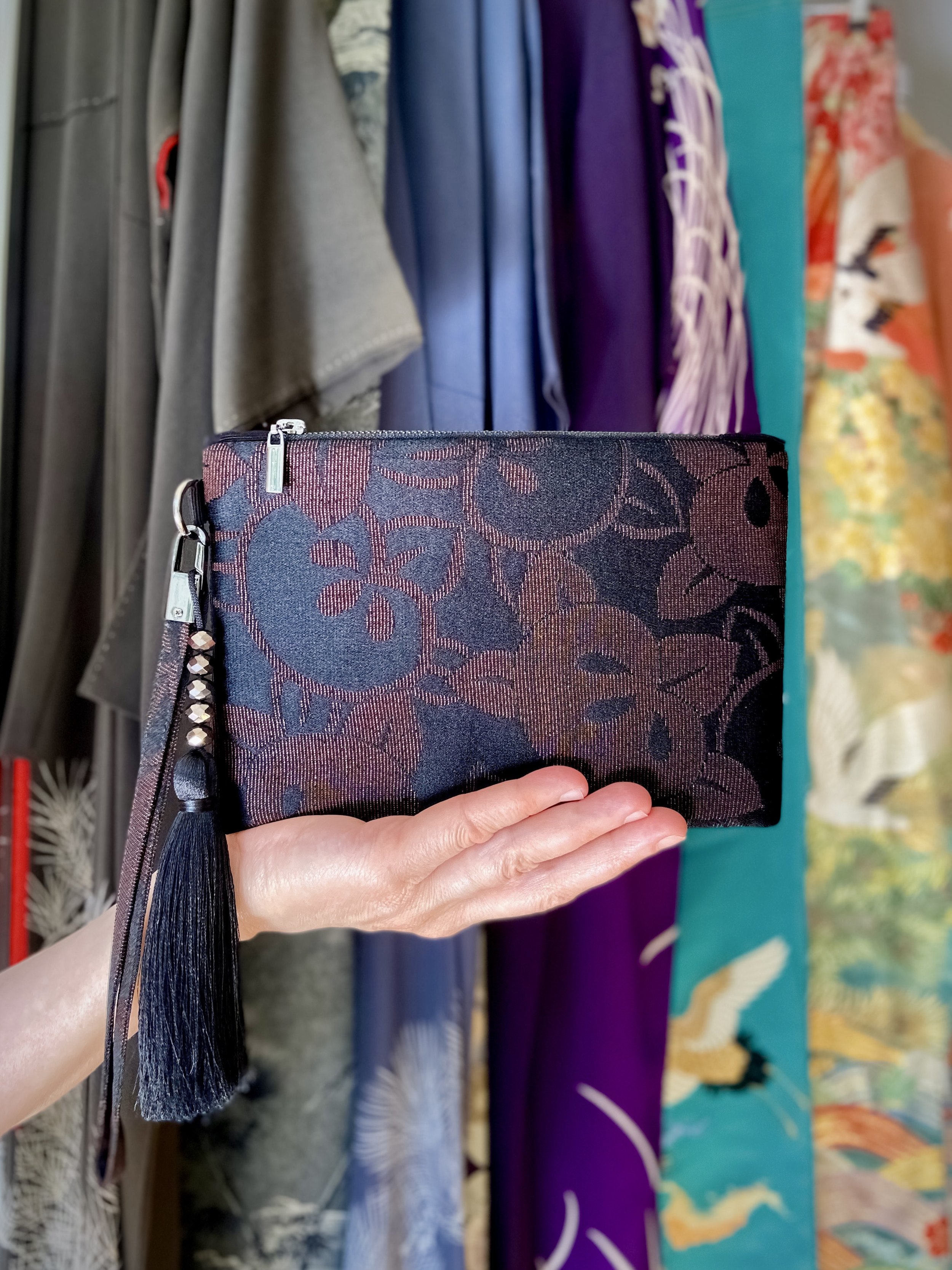 Black silk wristlet purse with glittery Persimmon fruit design & silk tassel, made from vintage Japanese kimono fabric by Kirsty Chivers