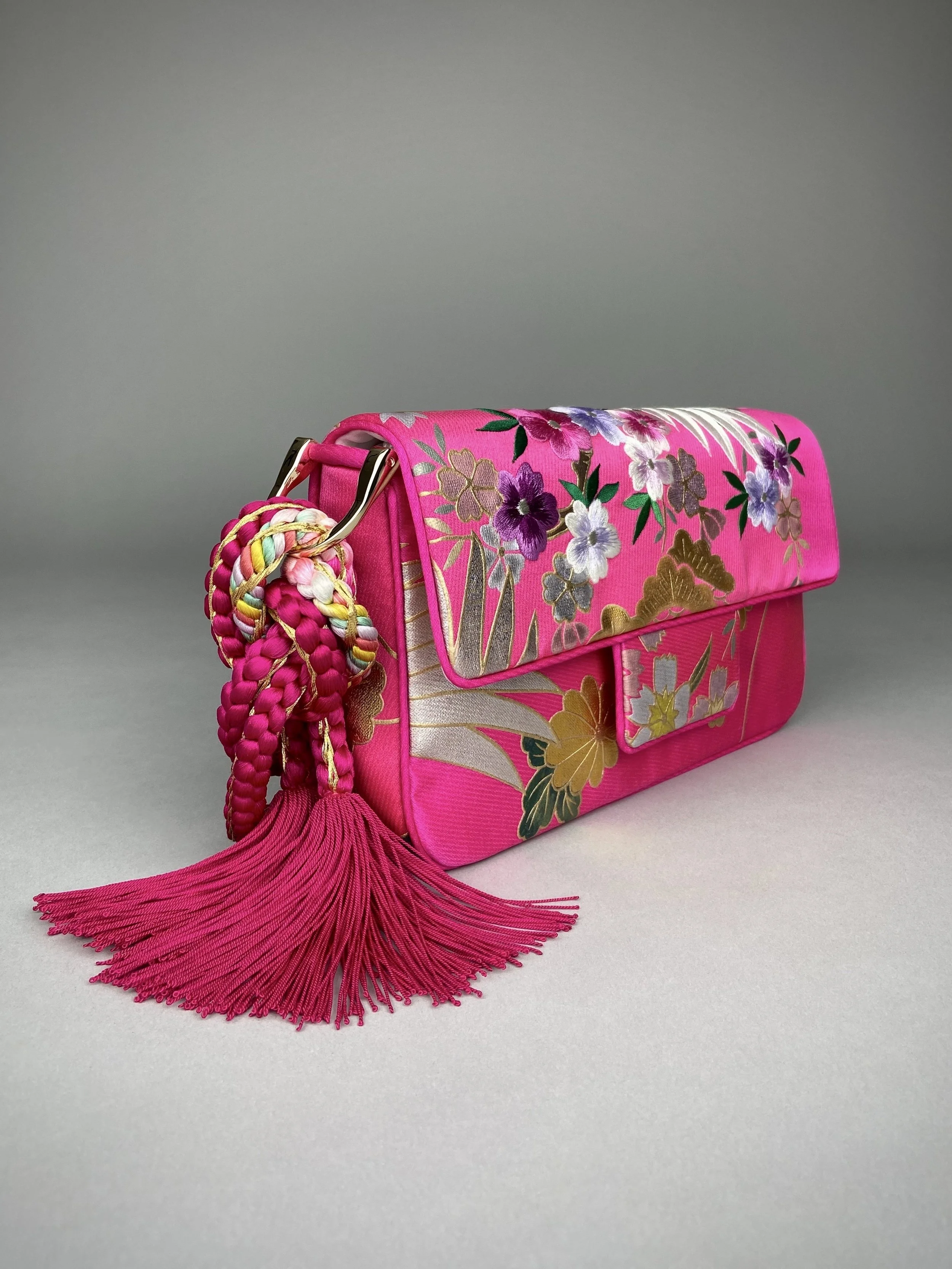 Cherry Pink Blossom & Crane baguette bag, handmade from vintage Japanese kimono silk with tasseled obijime cord strap by Kirsty Chivers