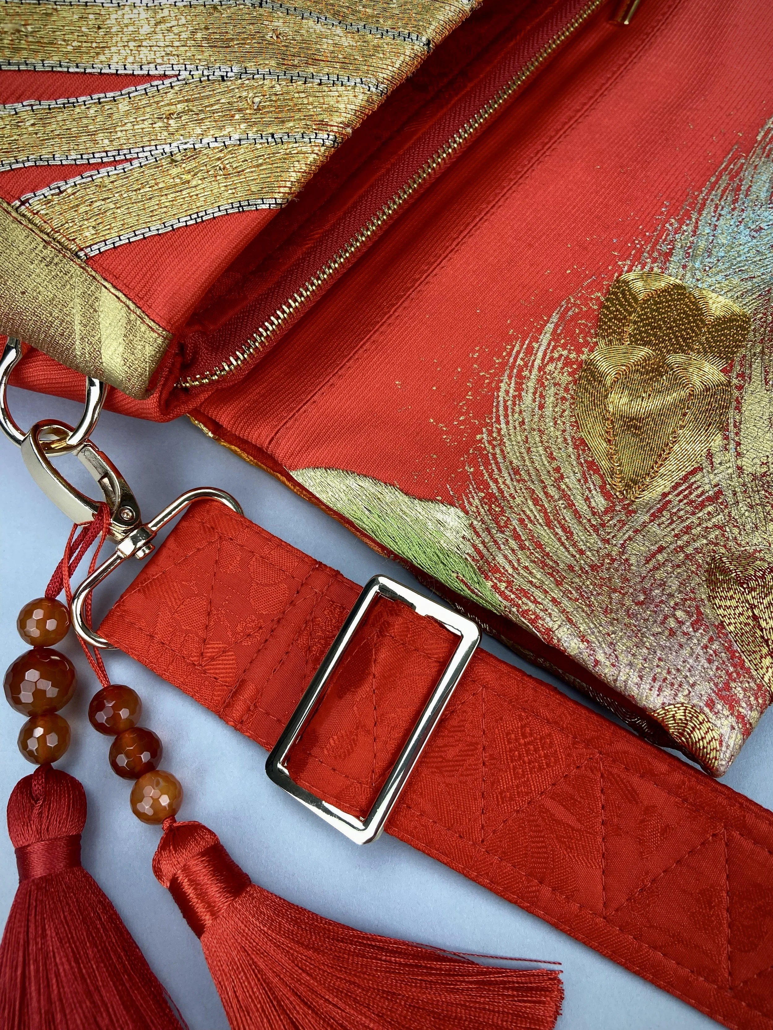 Vermillion red vintage kimono silk evening bag with gold Peacock feather design, Agate beaded tassel charm by Kirsty Chivers