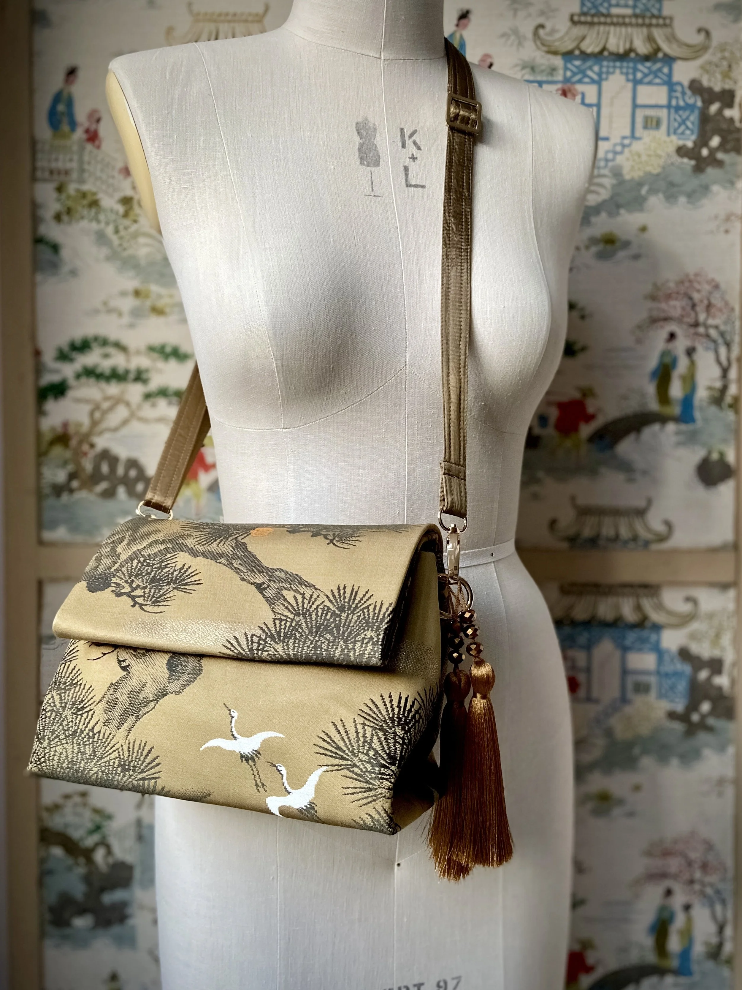 Green Matsu pine evening bag made from vintage Japanese obi silk by Kirsty Chivers