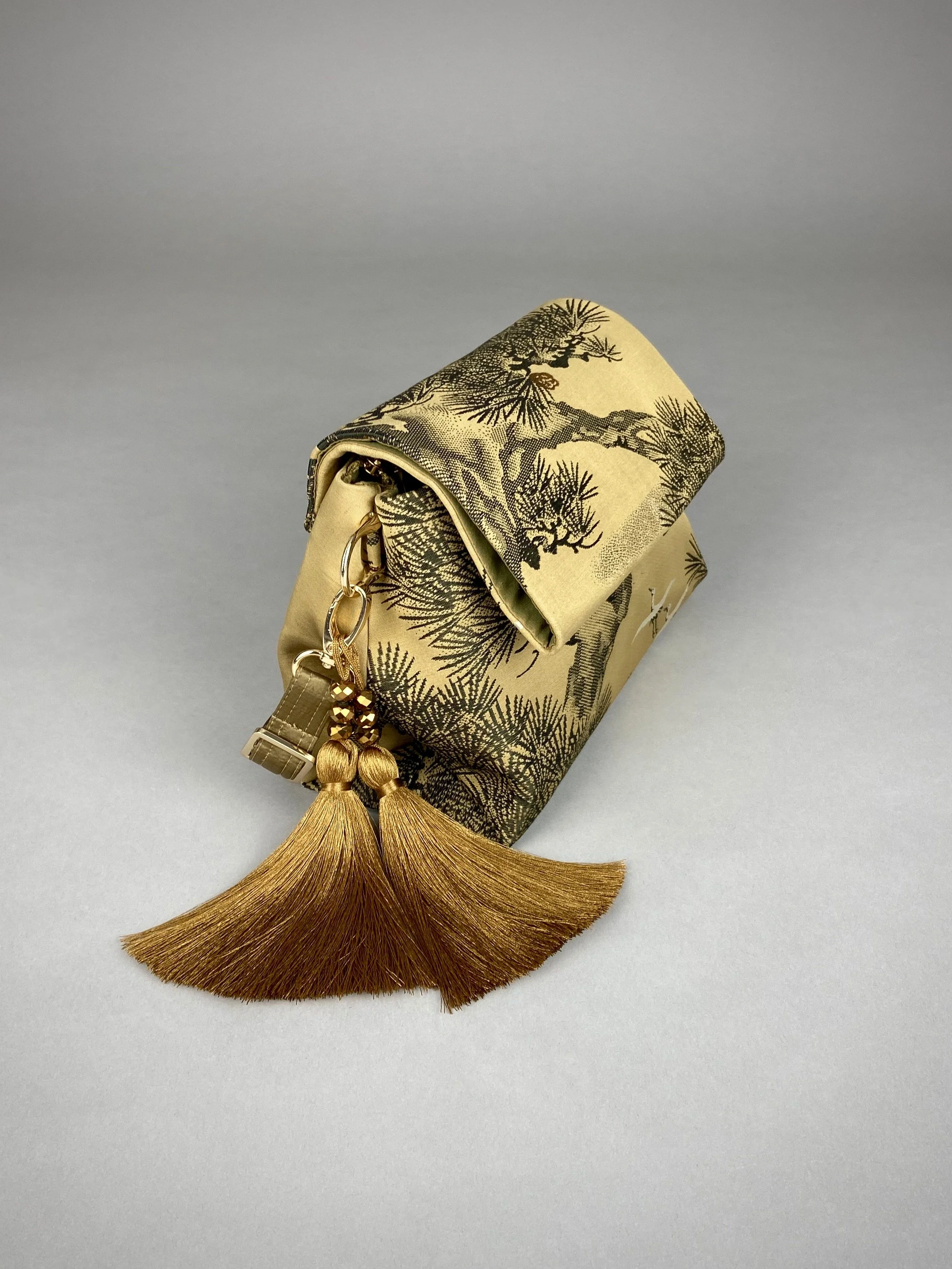 Green Matsu pine evening bag made from vintage Japanese obi silk by Kirsty Chivers