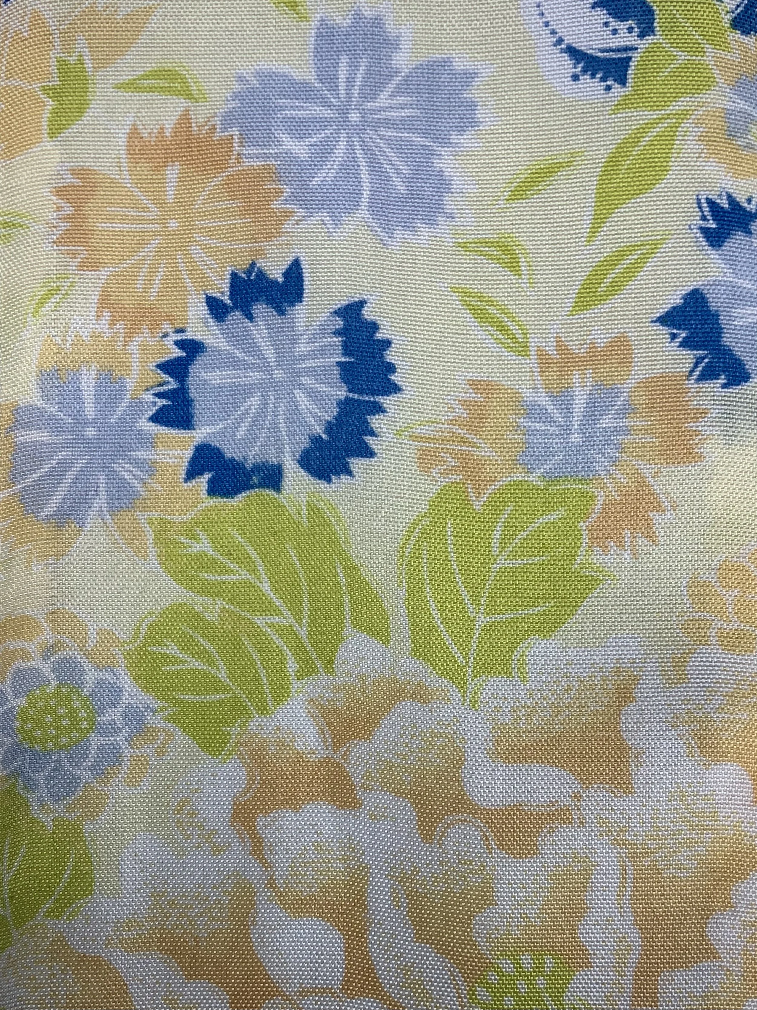 Closeup of pale yellow skinny scarf with blossom print handmade from vintage kimono fabric by Kirsty Chivers