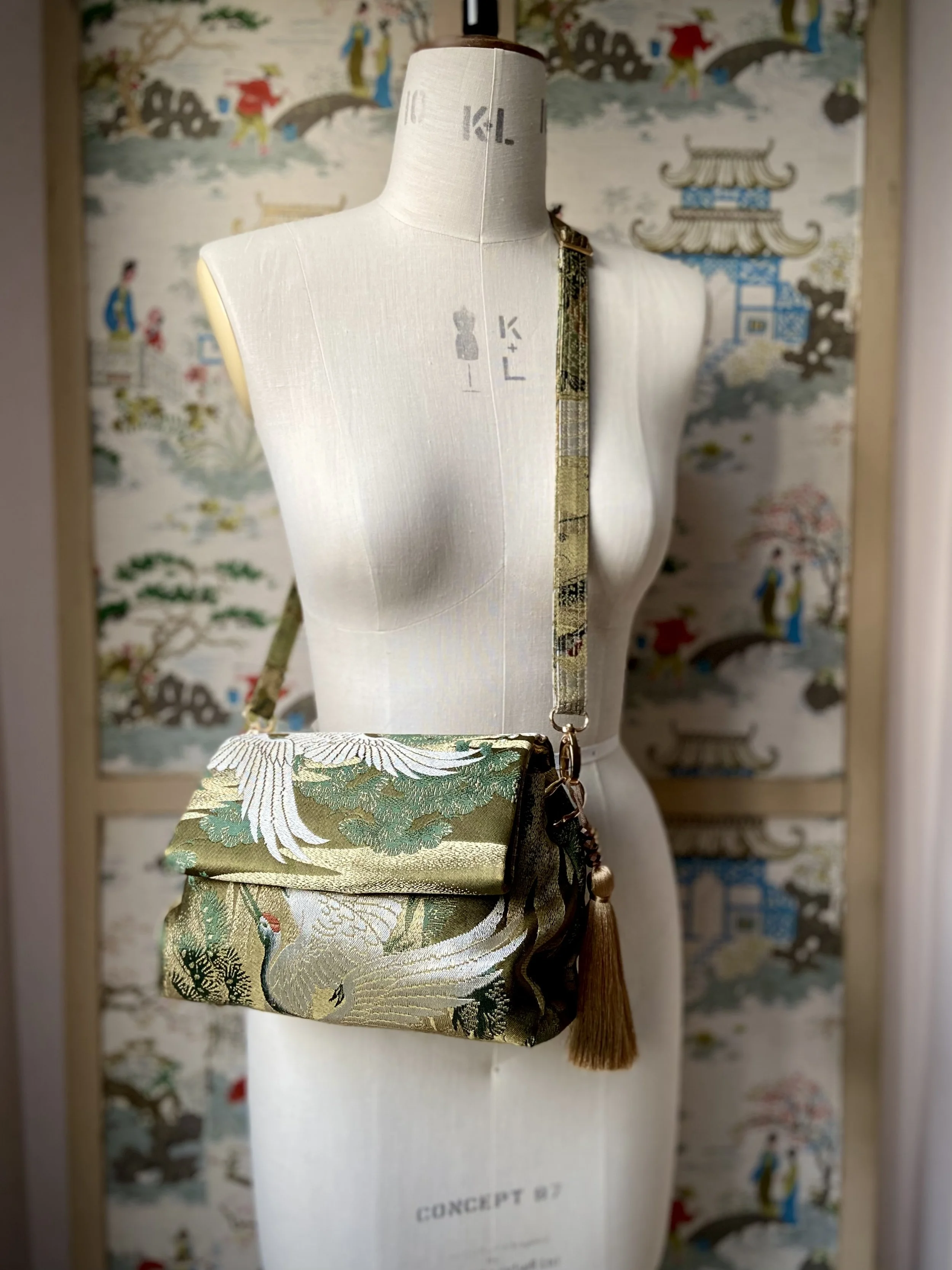 Flying Crane evening bag, made from repurposed vintage Japanese obi silk by Kirsty Chivers