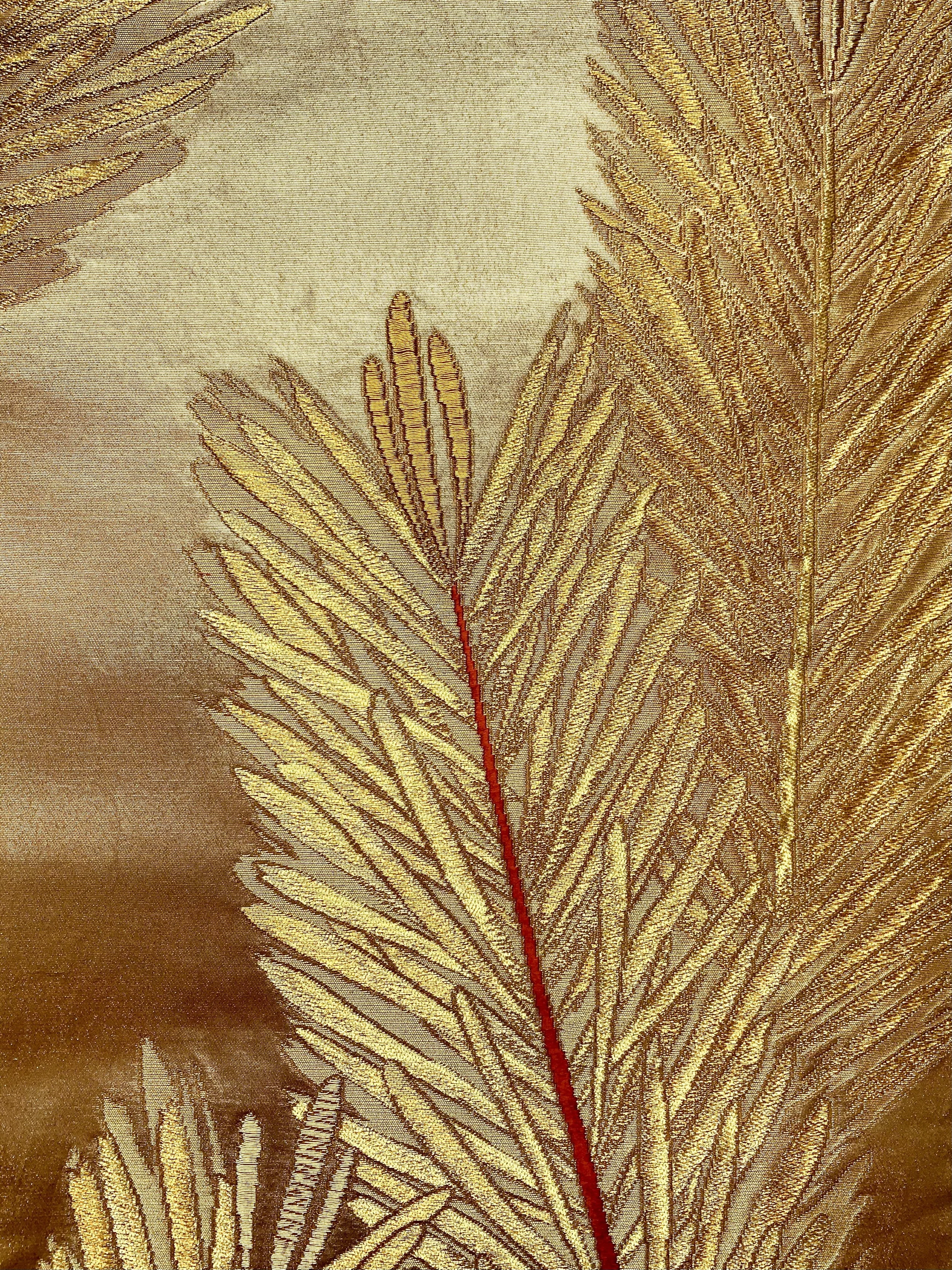 Luminous metallic gold vintage Japanese obi silk with abstract leaf design