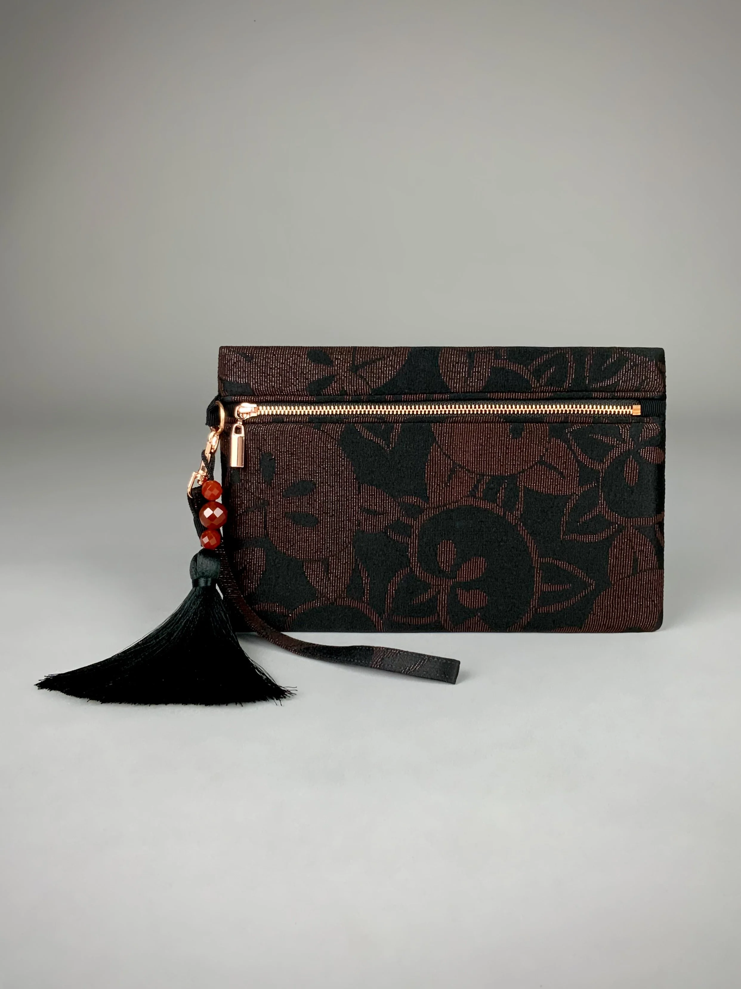 Glittery black evening clutch with tassel made from vintage Japanese kimono silk