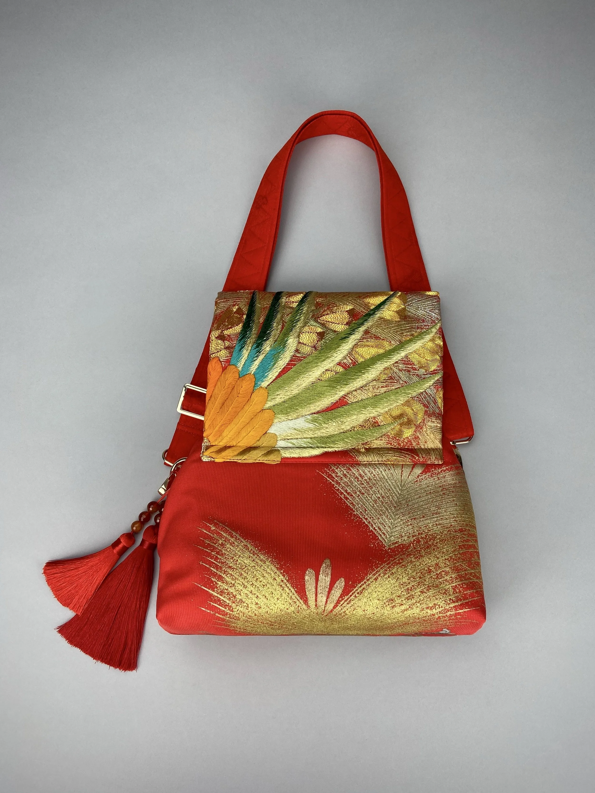 Vermillion red vintage kimono silk evening bag with gold Peacock feather design, Agate beaded tassel charm by Kirsty Chivers