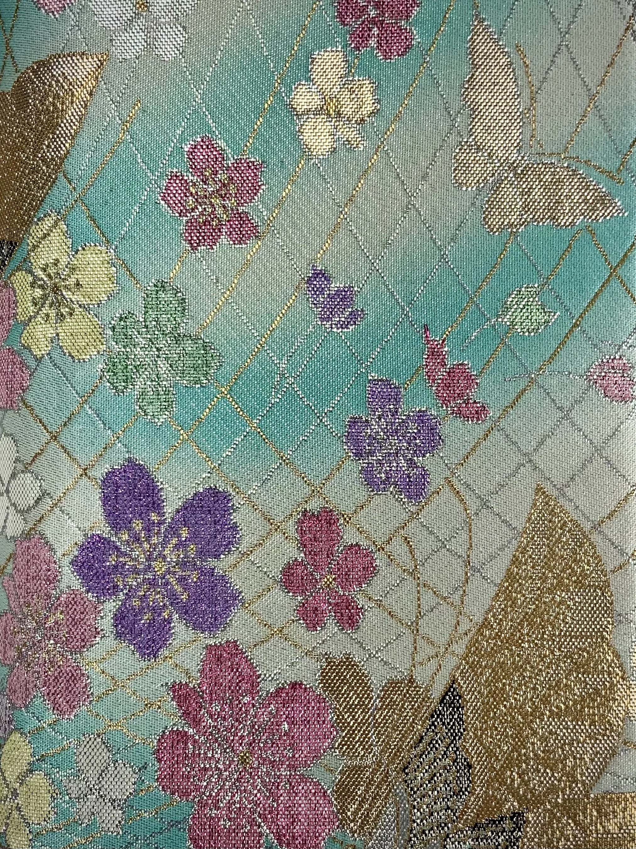 Aqua blue ombre vintage obi silk with pastel gold butterfly and blossom design