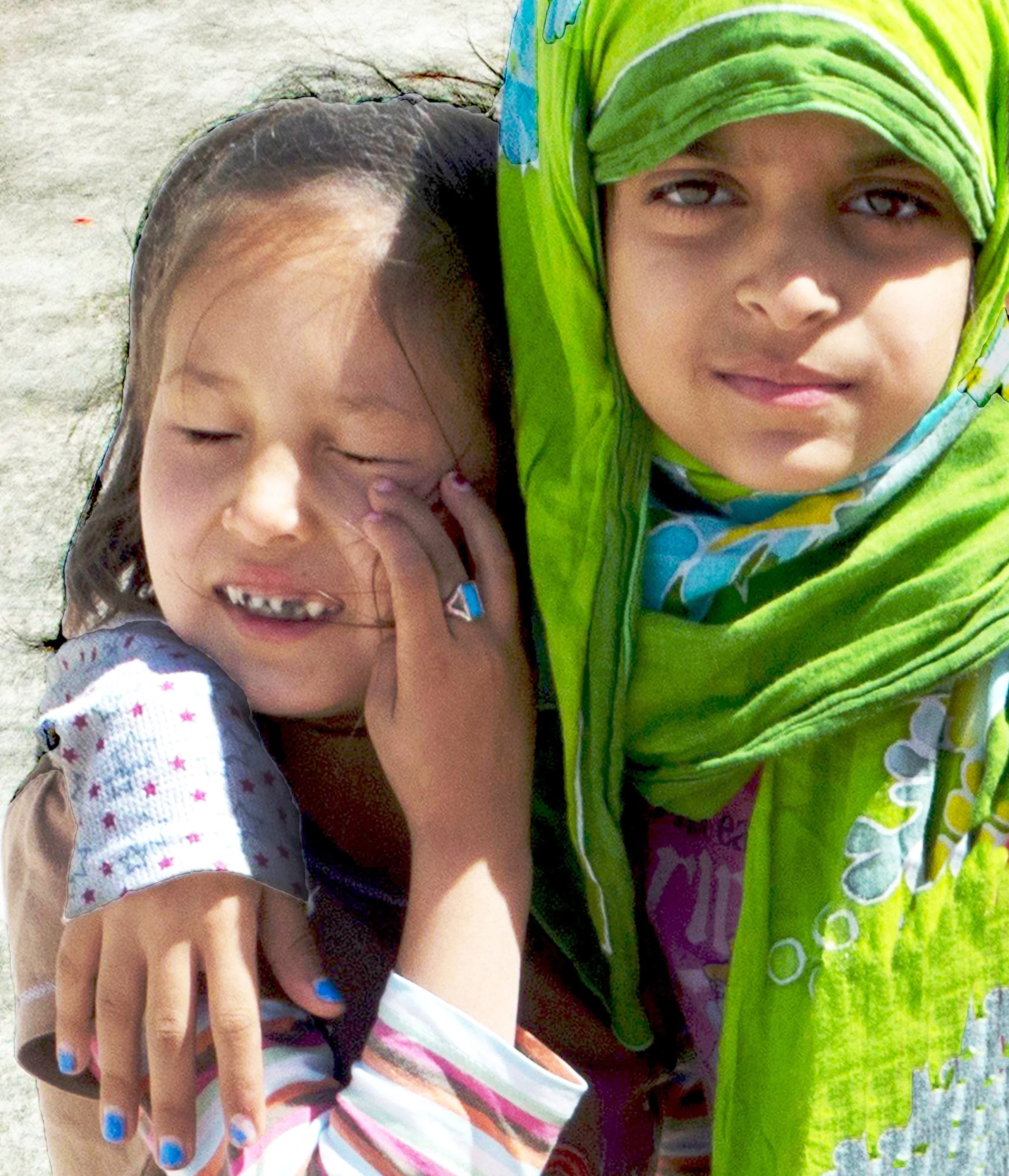 Two Girls Hold Each Other, Refuge Camp, Greece