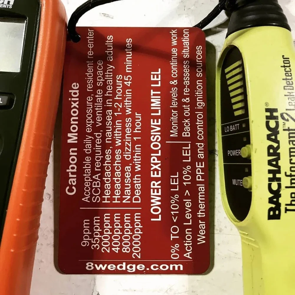 multi gas monitor reference tag next to gas detector and calibration gas cylinder for firefighter safety reference