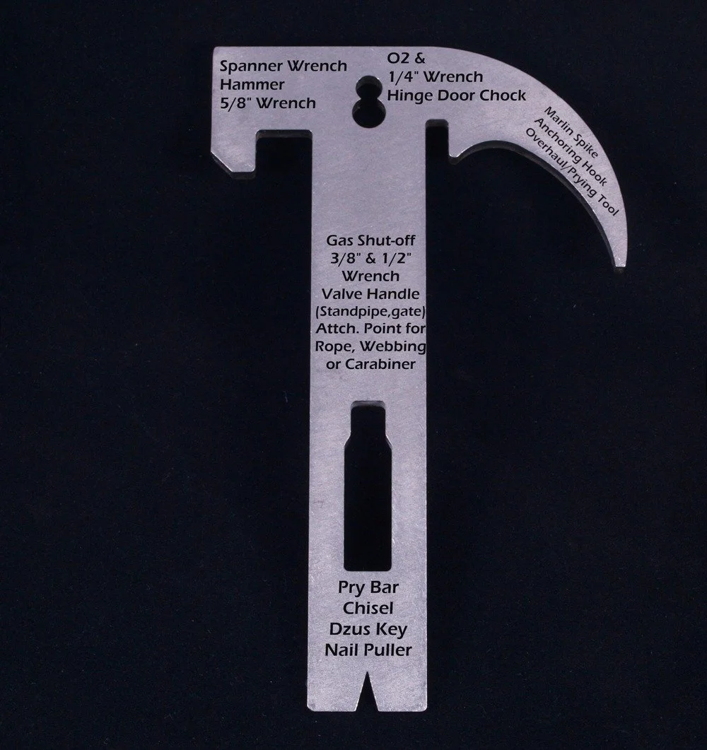 TUF 8 firefighter multi tool flat layout showing hook spanner and pry features