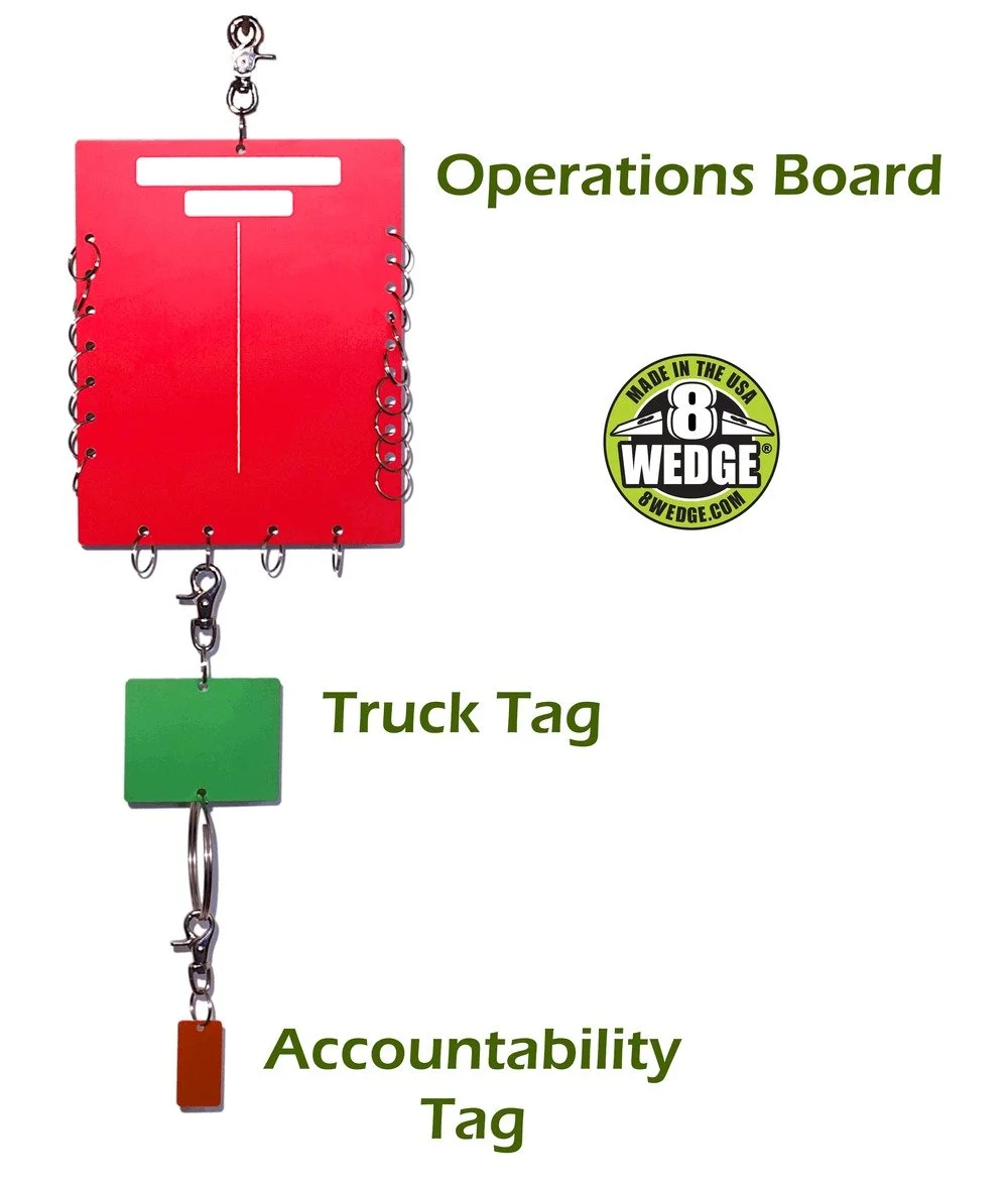 Firefighter accountability tag system showing operations board, truck tag, and personal accountability tag