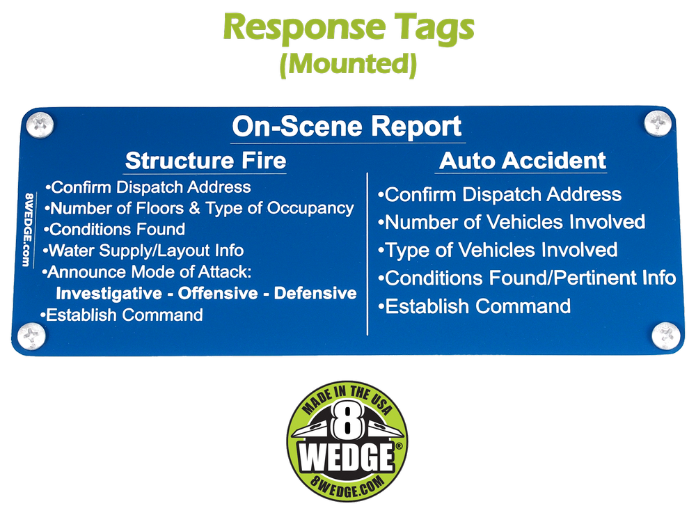 Structure fire on-scene report reference tag for firefighters showing size-up checklist information