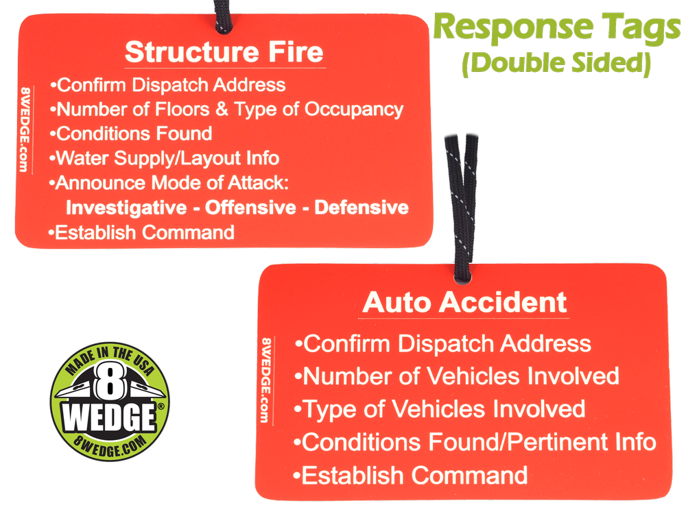 Auto accident firefighter size-up reference tag with checklist for dispatch details and scene conditions