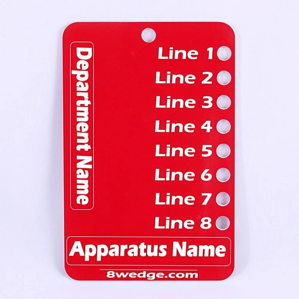 Fire apparatus tag showing multiple line assignments used for fireground accountability and crew tracking