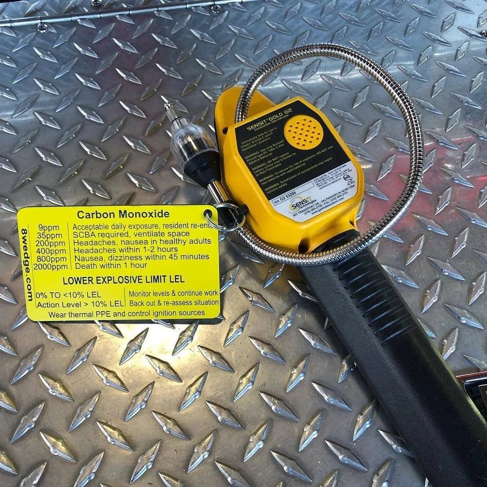 4 gas monitor reference tag attached to gas detector showing safety limits for firefighter use