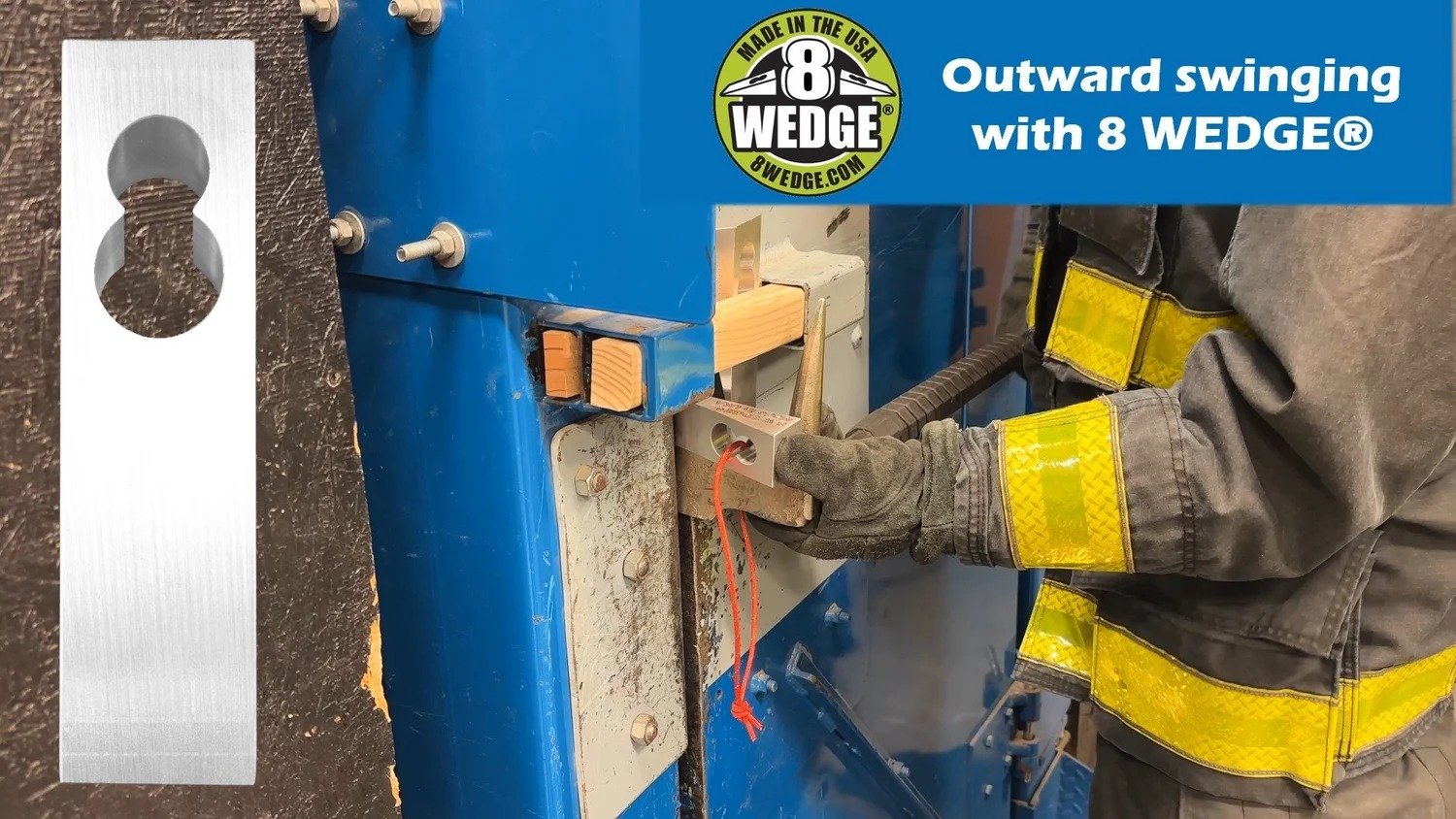 firefighter using wedge tool to create and hold outward door gap during forcible entry