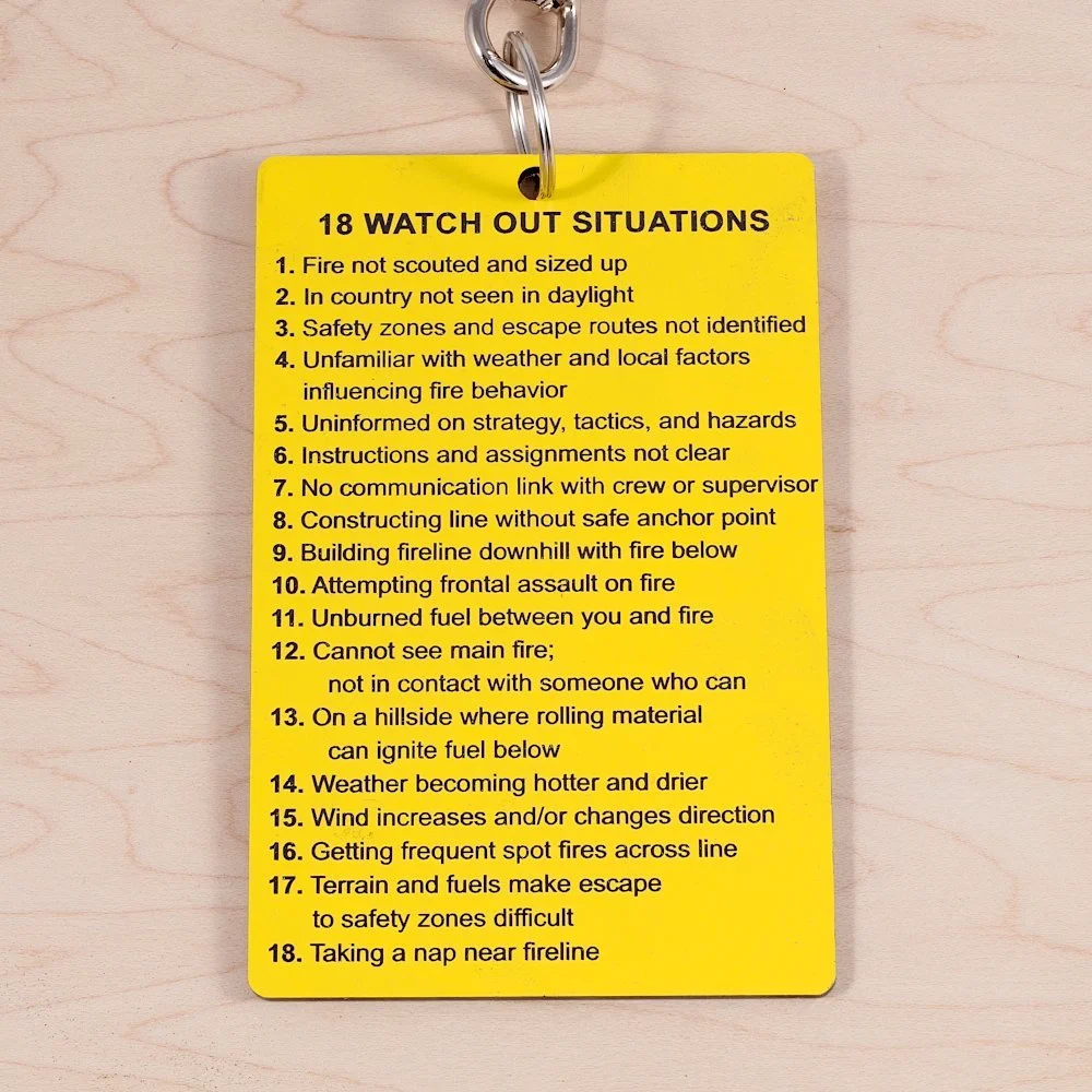 10 and 18 fireline reference tag showing watch out situations for wildland firefighting