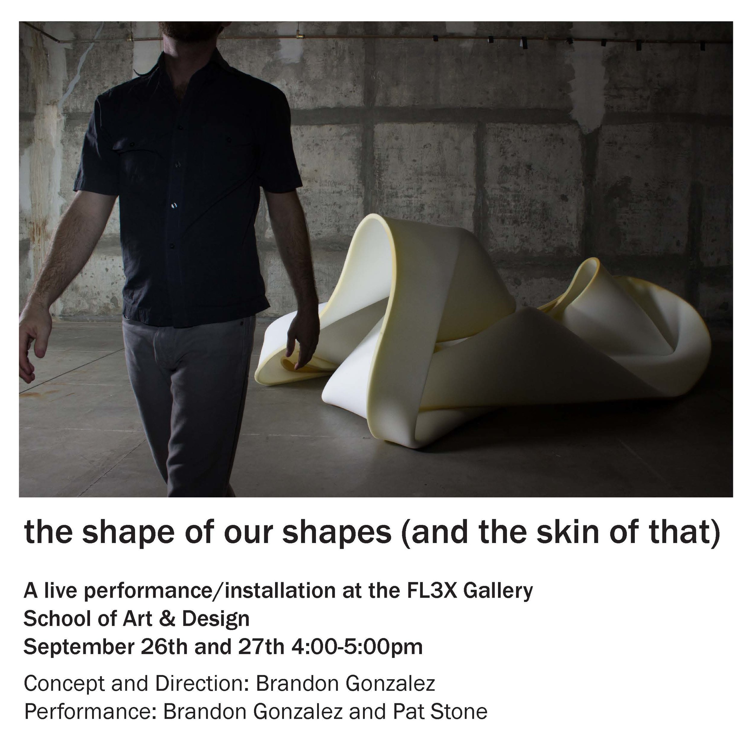 The Shape of Our Lives (And the Skin of That) (Brandon Gonzalez), FLEX space exhibition and performances, On view September 26–September 27 (Copy)