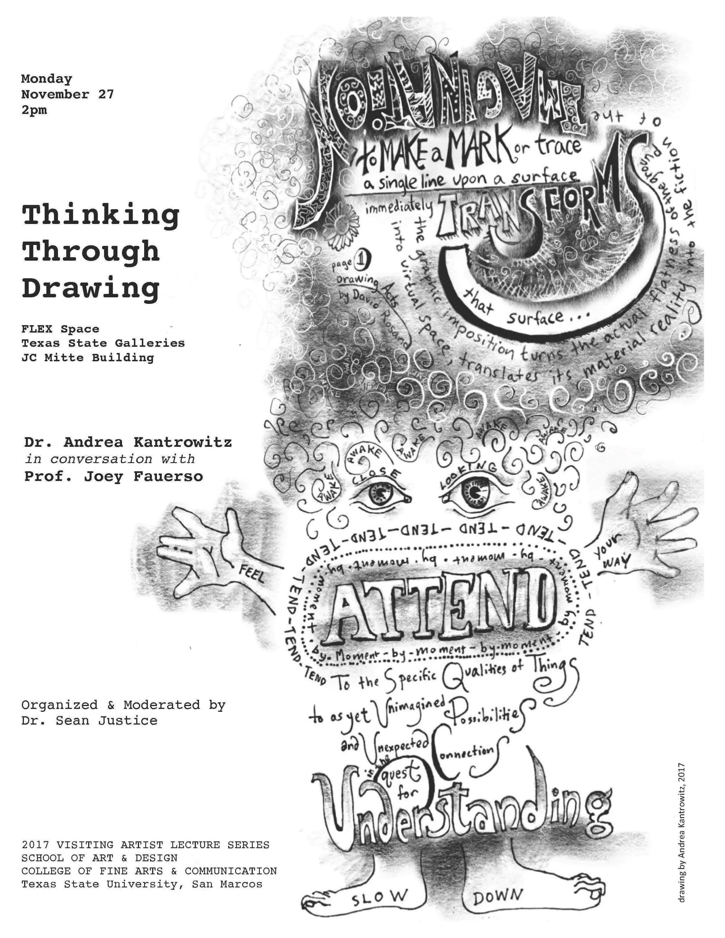Thinking Through Drawing with conversation between Dr. Andrea Kantrowitz and Professor Joey Fauerso, FLEX space event, November 27, 2017
