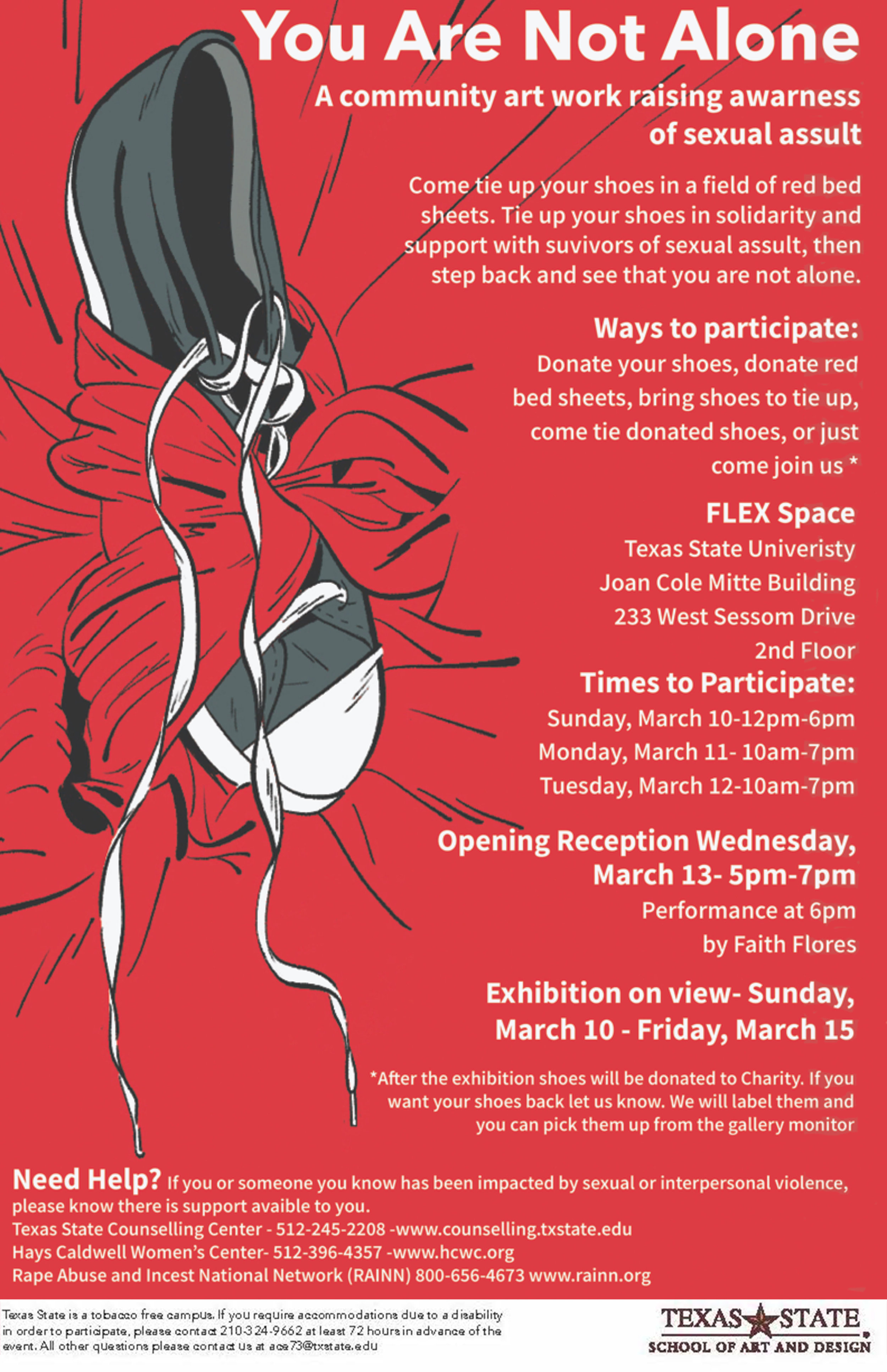 You Are Not Alone: A community artwork raising awareness of sexual assault (Curated by Annette Essler), FLEX space exhibition and performance, On view March 10–March 15, 2019 (Copy)