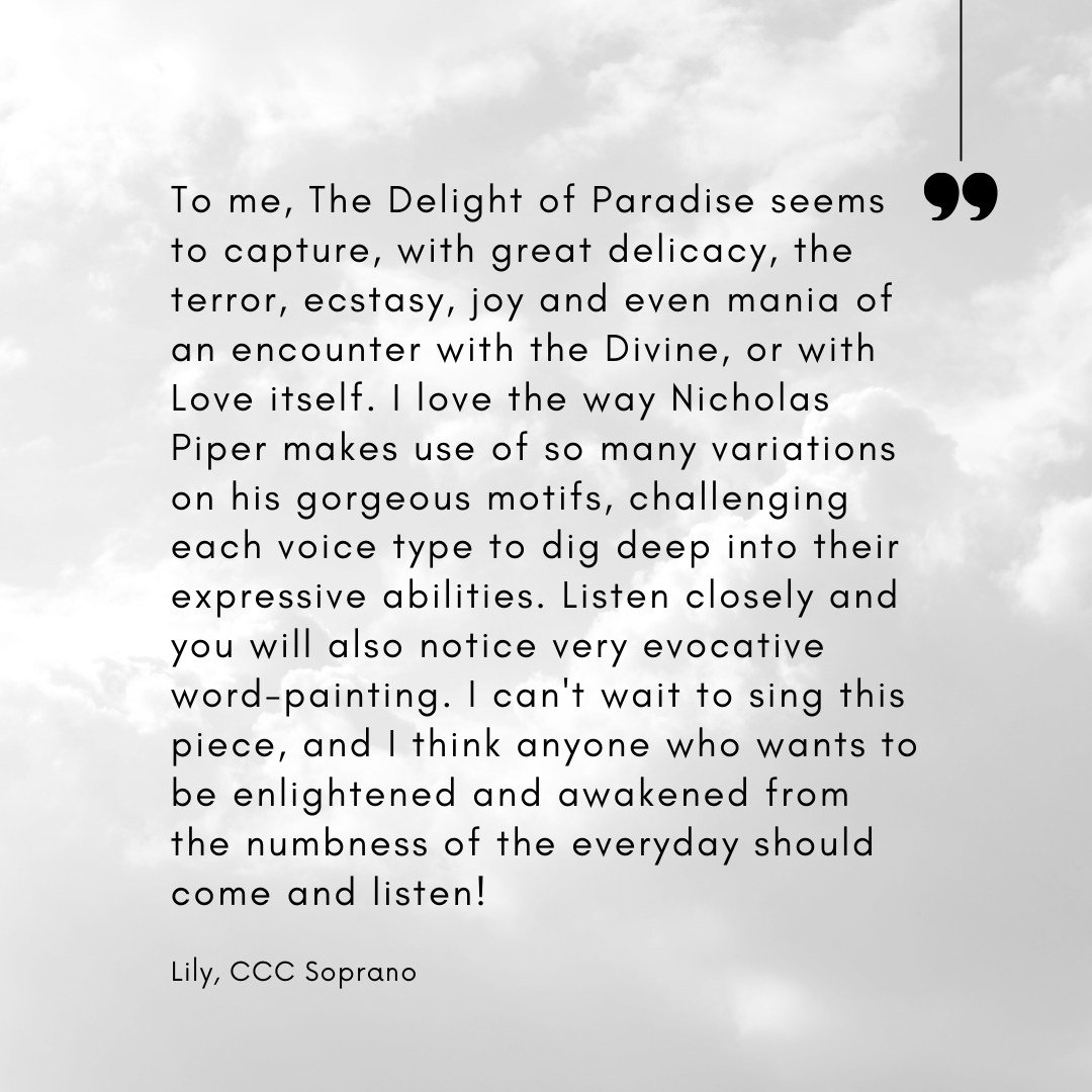 Some thoughts on performing Piper's &quot;The Delight of Paradise&quot;.🎼😁 Hear it live on April 27, 8pm. LINK IN BIO ⬆⬆⬆

#choir #choralmusic #ottawamusic #canadianmusic #canadiancomposers #nicholaspiper #rehearsal #soprano #choral #choralcanada