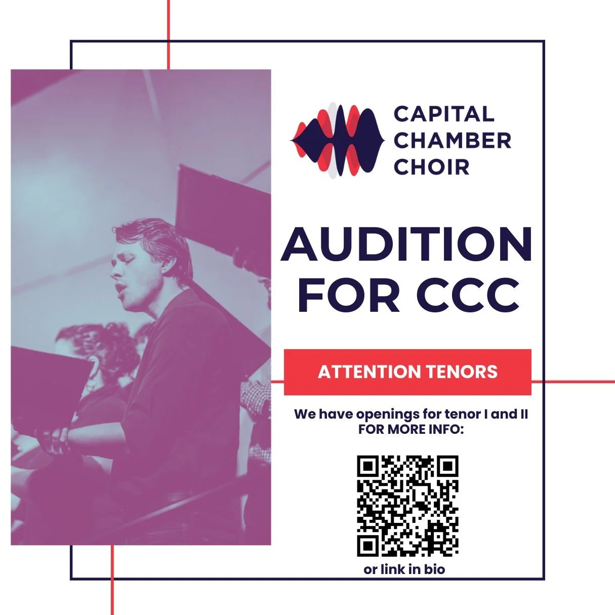 Are you a tenor I or II in #Ottawa? Looking for challenging, but fun repertoire and enjoy social camaraderie with your #choir peers? Hi, we're CCC. 👋 Check us out by scanning the QR code or link in bio. ⬆⬆⬆

Capital Chamber Choir encourages audition