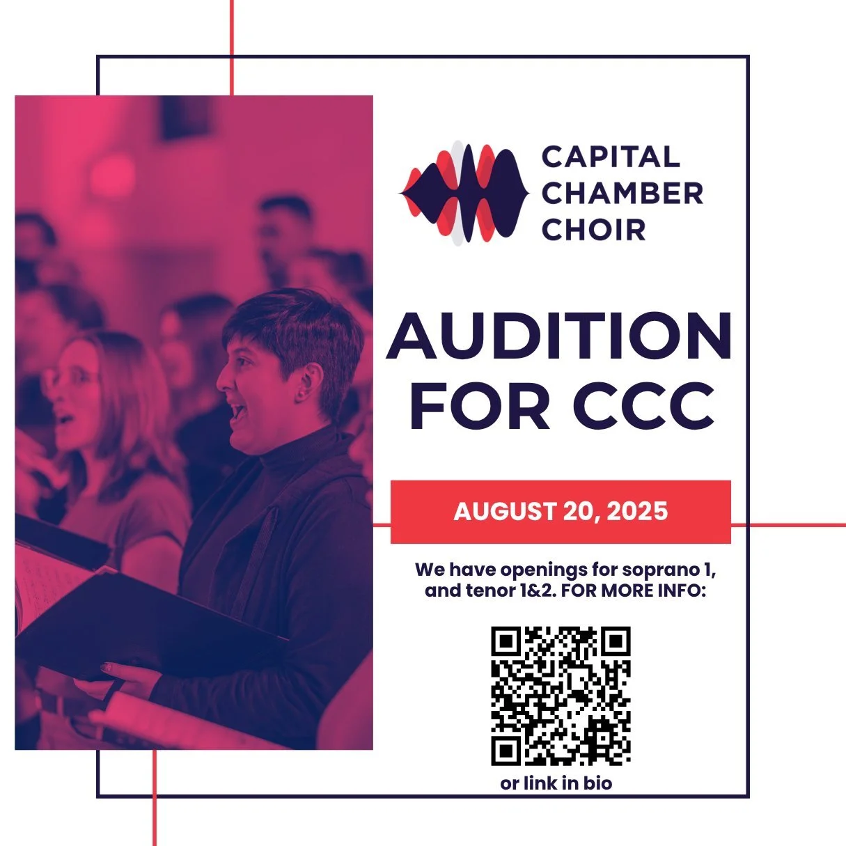 Are you a #Soprano I, #Tenor I or Tenor II? Looking for challenging, but fun repertoire and enjoy social camaraderie with your choir peers?

Hi, we're CCC. 👋🏻😁 Check us out by scanning the QR code or link in bio for more info ⬆⬆⬆

Capital Chamber 