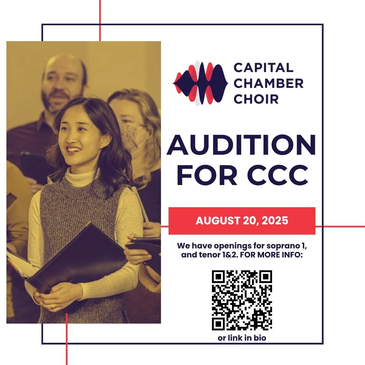 Last chance to sign up! We have a few slots left...⬇⬇⬇

Are you a #Soprano I, #Tenor I or Tenor II? Looking for challenging, but fun repertoire and enjoy social camaraderie with your choir peers?

Hi, we're CCC. 👋🏻😁 Check us out by scanning the QR