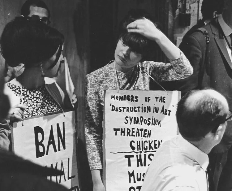 Protesters outside the entrance to the Destruction In Art Seminar in London, in September, 1966