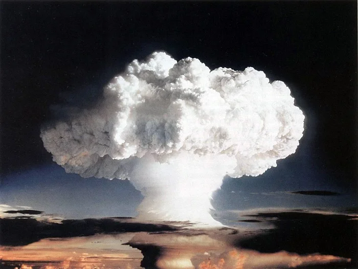 Pictured here is the first hydrogen bomb explosion, affectionately nicknamed "Mike"; it was detonated on the Enewetak atoll in the Pacific in 1952, and announced to the public in 1954..