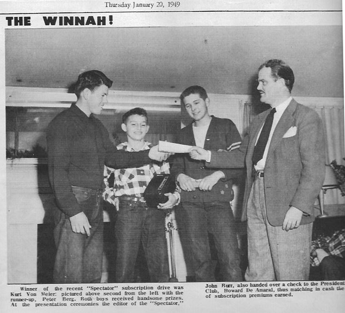 Here's Kurt at 14 accepting a "handsome prize" as an award for selling ads in the "Spectator".