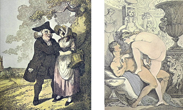 Left: THE MAN OF FEELING - The Parson, with a copy of an "Essay on Women" poking out of his pocket, is attempting to put into practice a little of what he has been preaching—or at least reading about. It is surprising how Rowlandson, with the frequently bawdy and transparently sensual activity of his scenes, still manages to convey an occa­sional feeling of tenderness. In any case it is easier for us to see this more overt acceptance of sensuality and sexuality—so charac­teristic of pre-Victorian England—now that we have that later period as historical perspective. Right: THE ANCIENTS - Here the title reaffirms the general conclusion that Rowlandson, when depicting totally nude figures, places them in a setting or pose (or both) replete with classical allusions. In addition to various Greco-Roman elements, such as the vase with the classic dolphin, and the scene at its base which may represent the rape of the Sabine women, there is the interesting Egyptian figure be­hind the girl's head. The primary subject may have been derived from the myth of Pygmalion, since there is a sculptor's mallet and other tools at the foot of the bed.