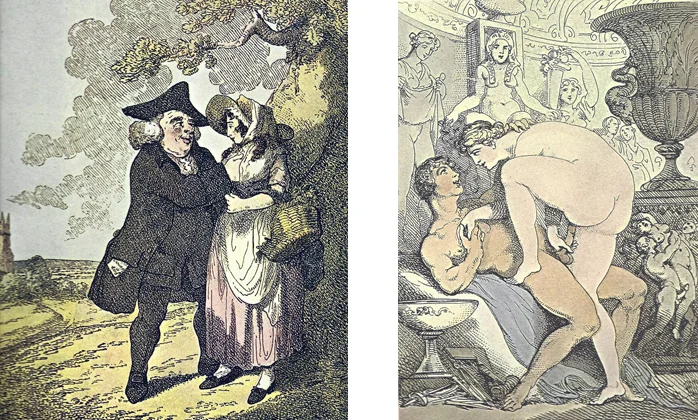 Left: THE MAN OF FEELING - The Parson, with a copy of an "Essay on Women" poking out of his pocket, is attempting to put into practice a little of what he has been preaching—or at least reading about. It is surprising how Rowlandson, with the frequently bawdy and transparently sensual activity of his scenes, still manages to convey an occasional feeling of tenderness. In any case it is easier for us to see this more overt acceptance of sensuality and sexuality—so characteristic of pre-Victorian England—now that we have that later period as historical perspective. Right: THE ANCIENTS - Here the title reaffirms the general conclusion that Rowlandson, when depicting totally nude figures, places them in a setting or pose (or both) replete with classical allusions. In addition to various Greco-Roman elements, such as the vase with the classic dolphin, and the scene at its base which may represent the rape of the Sabine women, there is the interesting Egyptian figure behind the girl's head. The primary subject may have been derived from the myth of Pygmalion, since there is a sculptor's mallet and other tools at the foot of the bed.