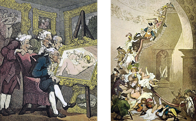 Left: CONNOISSEURS - The lascivious expressions on the faces of the four gentlemen are fine examples of Rowlandson's ability to depict a common theme with a wide range of amusing variation. His own exhibi­tions at the Royal Academy must have supplied him with ample raw material for such studies as this. A touch of humor is also present in the apparent attempt of the figures in the painting be­hind the four gentlemen to look over their shoulders, while the maiden—with a delicate twist—in so doing bares her own charms. Right: EXHIBITION STARE CASE - One of the finest of Rowlandson's compositions, the original is unusually large—about double his usual scale. Here it is not only the people who are being satirized, but also the architecture. The scene is Somerset House, designed by the Swedish architect, Sir William Chambers. He had visited China early in his career, and this was thought to have contributed to a certain flamboyance to his work. Combined with elements of English xenophobia, it was a pet pastime for Rowlandson's contemporaries to mock Cham­bers, especially in his layout of the Royal Gardens at Kew and in Somerset House, used for exhibitions by the Royal Academy. The people who attended such events are themselves here subjects for Rowlandson's sharp pen—although, as a point of historical infor­mation, the stairs in Chambers' design were thought too steep.
