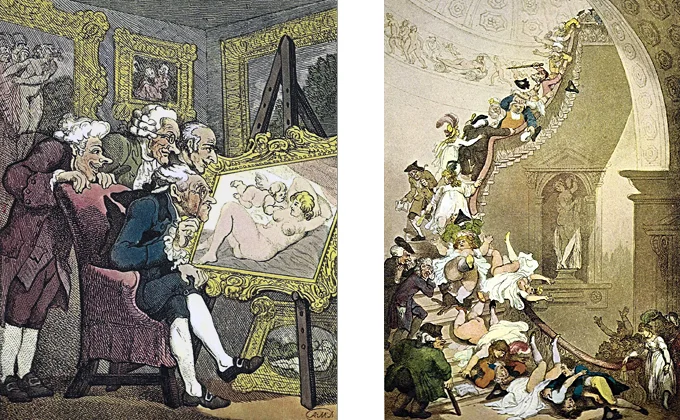 Left: CONNOISSEURS - The lascivious expressions on the faces of the four gentlemen are fine examples of Rowlandson's ability to depict a common theme with a wide range of amusing variation. His own exhibitions at the Royal Academy must have supplied him with ample raw material for such studies as this. A touch of humor is also present in the apparent attempt of the figures in the painting behind the four gentlemen to look over their shoulders, while the maiden—with a delicate twist—in so doing bares her own charms. Right: EXHIBITION STARE CASE - One of the finest of Rowlandson's compositions, the original is unusually large—about double his usual scale. Here it is not only the people who are being satirized, but also the architecture. The scene is Somerset House, designed by the Swedish architect, Sir William Chambers. He had visited China early in his career, and this was thought to have contributed to a certain flamboyance to his work. Combined with elements of English xenophobia, it was a pet pastime for Rowlandson's contemporaries to mock Chambers, especially in his layout of the Royal Gardens at Kew and in Somerset House, used for exhibitions by the Royal Academy. The people who attended such events are themselves here subjects for Rowlandson's sharp pen—although, as a point of historical information, the stairs in Chambers' design were thought too steep.