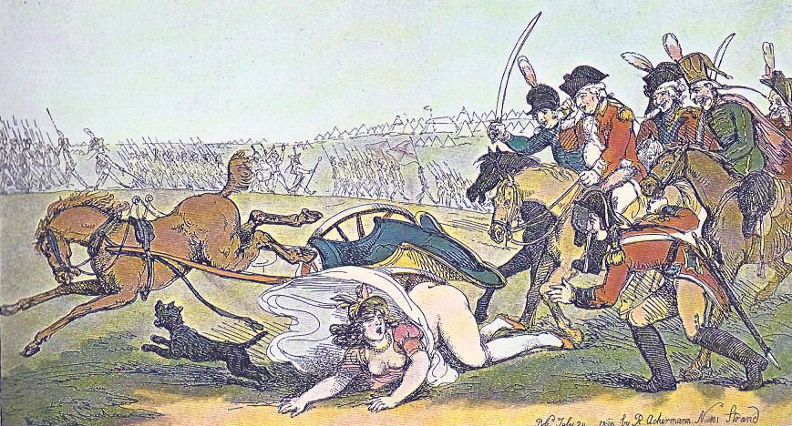 Предположительно
основанный на инциденте с английской принцессой в 1800 году, Роулендсон карикатурно изобразил военную пышность и претенциозность, по крайней мере, с таким же весельем, как и раньше.
политики или знать. Французские вооруженные силы, особенно во время активных военных кампаний Наполеона Бонапарта, также испытали немалую долю сатирических
лечение от Роулендсона.