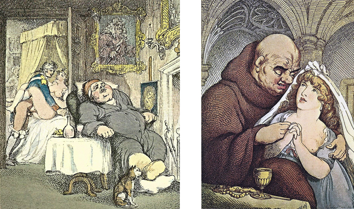 Left: THE OLD MAN - One of Rowlandson's favorite domestic subjects is the act of cuckolding, with the victim usually suffering, in addition, the pains of gout. These scenes are regularly dressed with decanters and glasses, bowls of fruit, and the other ideal furnishings includ­ing heavily framed paintings. Here we see also the incipient dis­covery—by a maid peering around the corner of the bed through the open door. An amusing detail is the priapic- Buddha. Right: SYMPTOMS OF SANCTITY - Another cloister scene, but here the monk is patterned after Ghirlandaio's familiar portrait of a Florentine merchant and his grandson—the pose of an old man is almost identical, but the young Italian boy has been transformed into an object of entirely different kinds of affection. A copy of this print, dated 1801, is in the British Museum collection, which harbors a considerable store of Rowlandson's suggestive and erotic works.