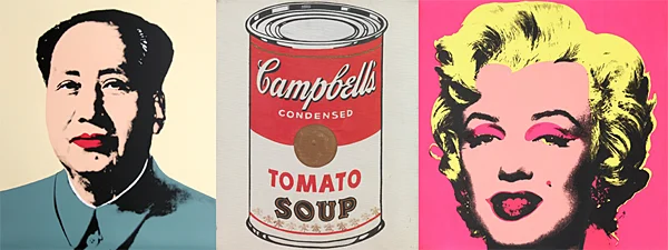 Three iconic Warhol images: Chairman Mao, Campbell's Tomato Soup, and Marilyn Monroe