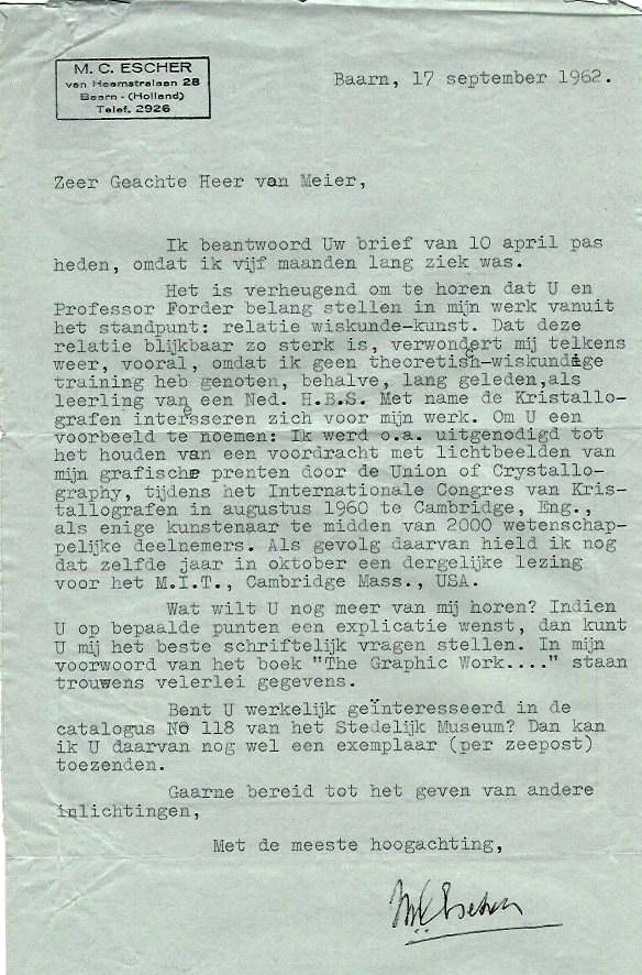 This is the letter Kurt received from Escher in reply to an inquiry.