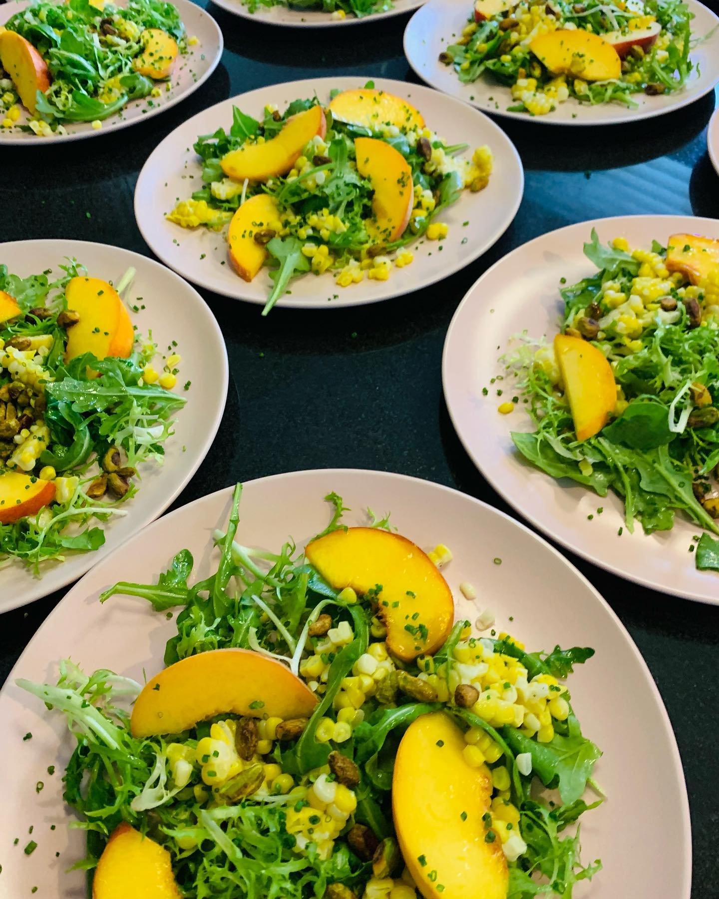 Perfect Peaches, Corn, Arugula, Pistachio, Lime Mint Vinaigrette 🍑🌽