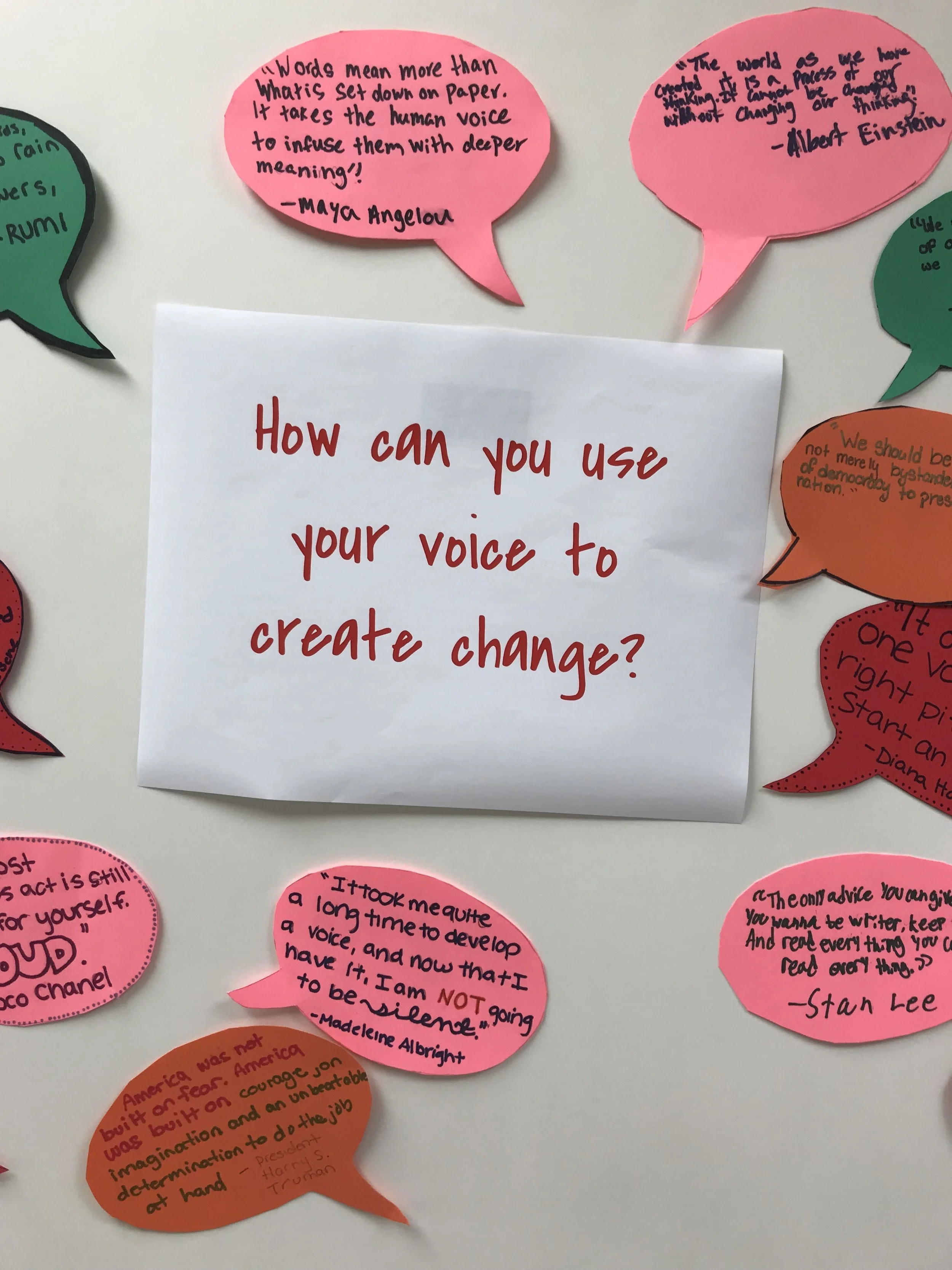 To set up our essential questions, we had students find quotes and write them in speech bubbles. Inspired by a workshop from the Connecticut Writing Project.
