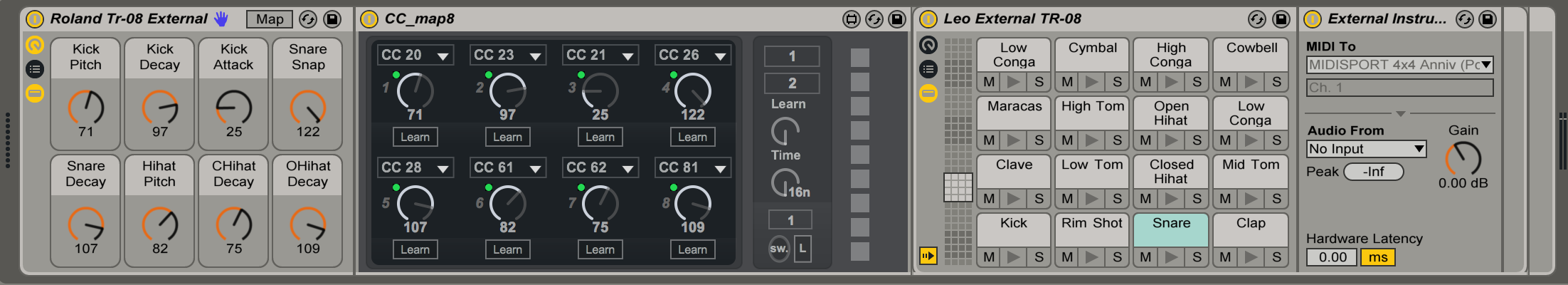 I made this external instrument preset for the Roland TR-08 so I could use the TR-08 with the Push. It's pretty handy. You will have to direct the 'MIDI to' for each pad but everything else is labelled. I also used a max4live patch called CC map8 you will need to install. Here is the M4L device. The M4L patch means you can use the Push / macros to tune some of the parts of the TR-08. Here is the download for my TR-08 preset. Enjoy.