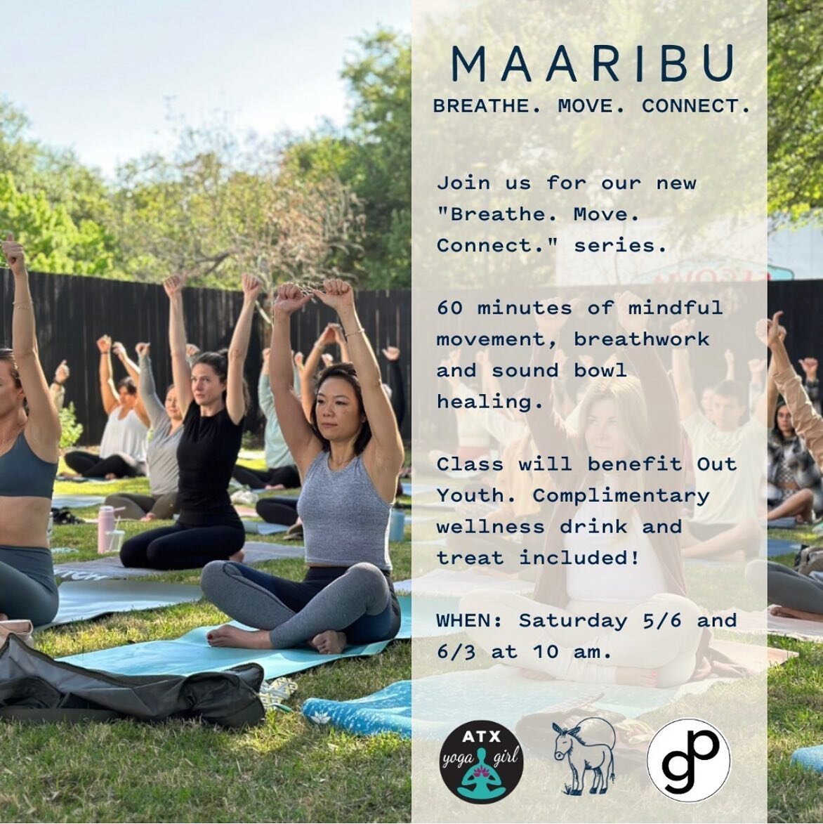 Breathe, Move, Connect. 
Join @gustavoapadron and me @maaribuatx for an hour of mindful movement, breathwork, and sound healing #cosmicnap to support your Saturday morning, May 6th at 10 a.m.
⁠
*This is a 3 part series benefitting Out Youth and our l