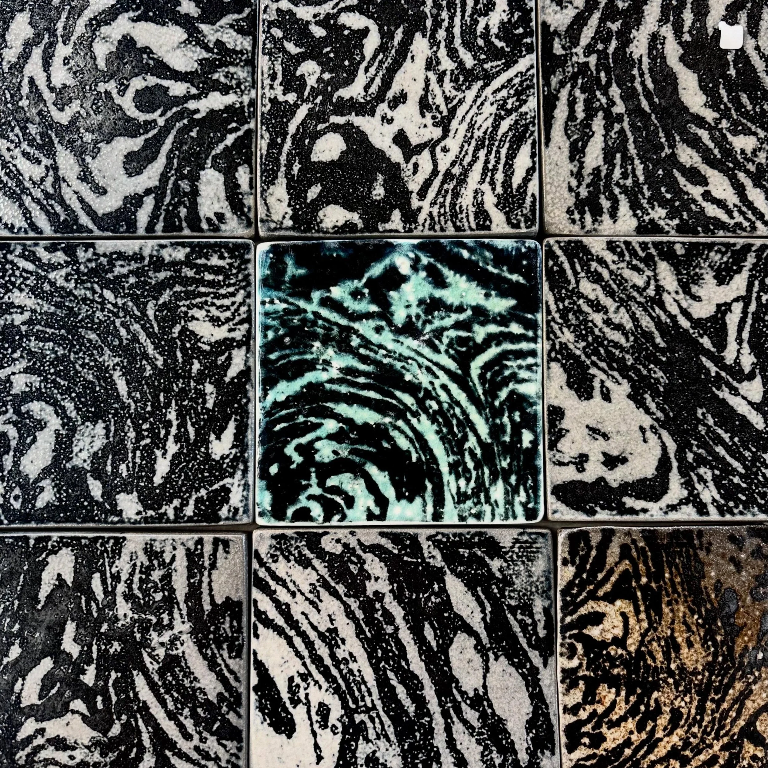 New Hope Creek Bubble tiles. 

These tiles were printed with closeup images of bubbles swirling in the creek I visited every week. 

Come see these and so many pots at the @claytonia_show this weekend at @studio_maypop. 

#creek #bubbles #tile #coast
