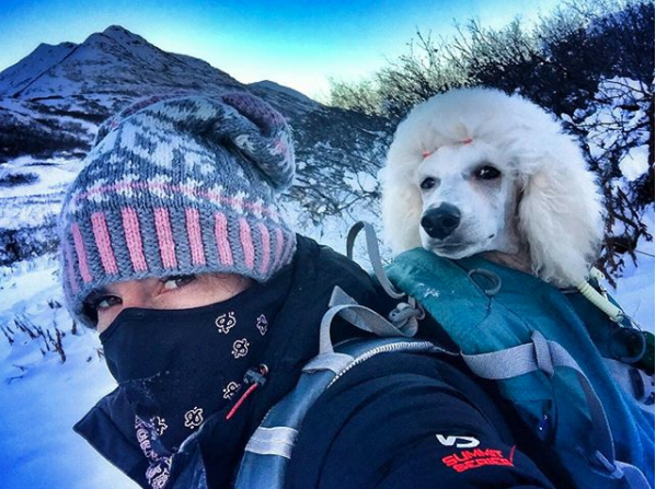 Winter temperatures require extra wraps in the pack for the puppy's comfort.