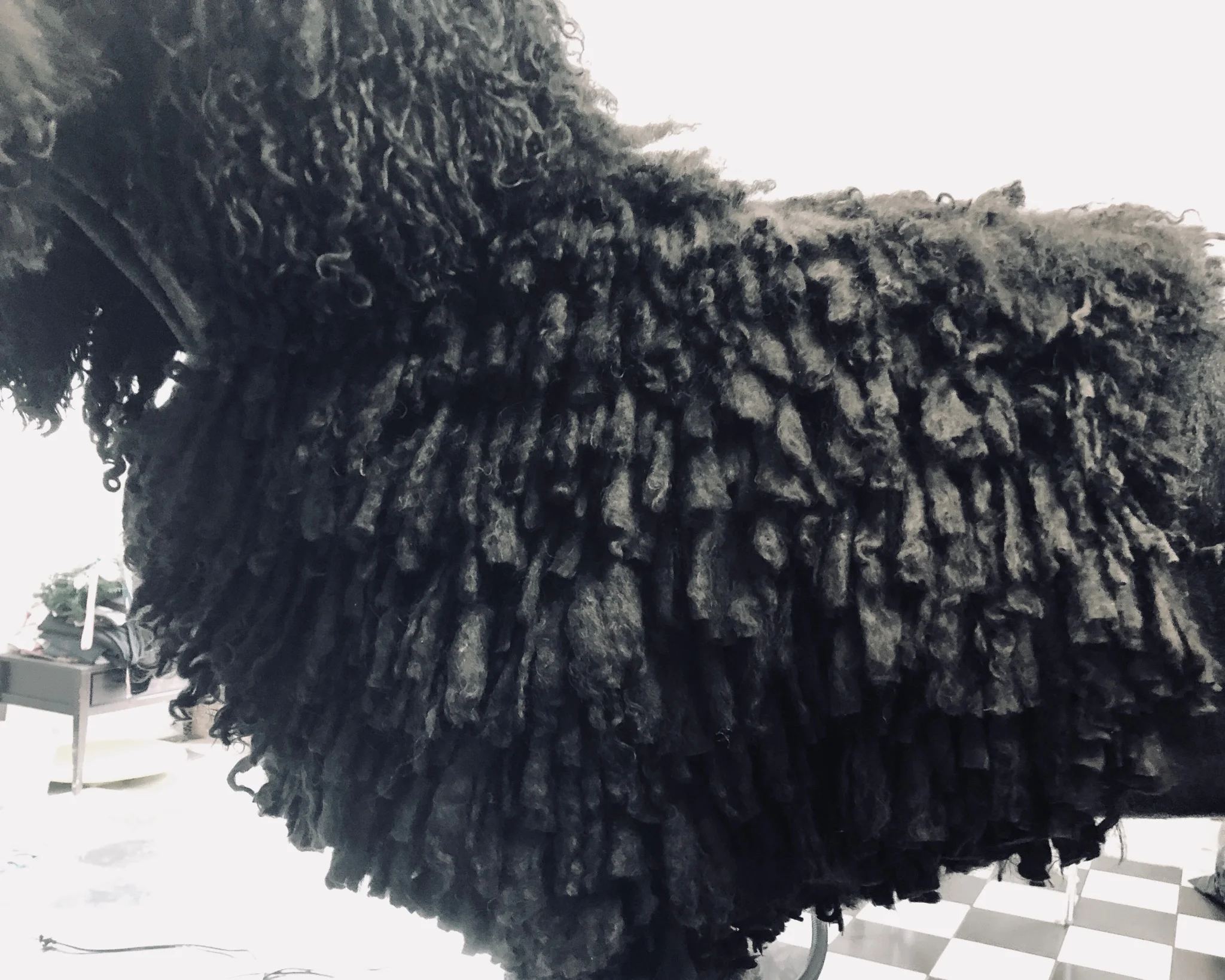 A close up of the current state of the Poodle cords on Wallace's jacket.